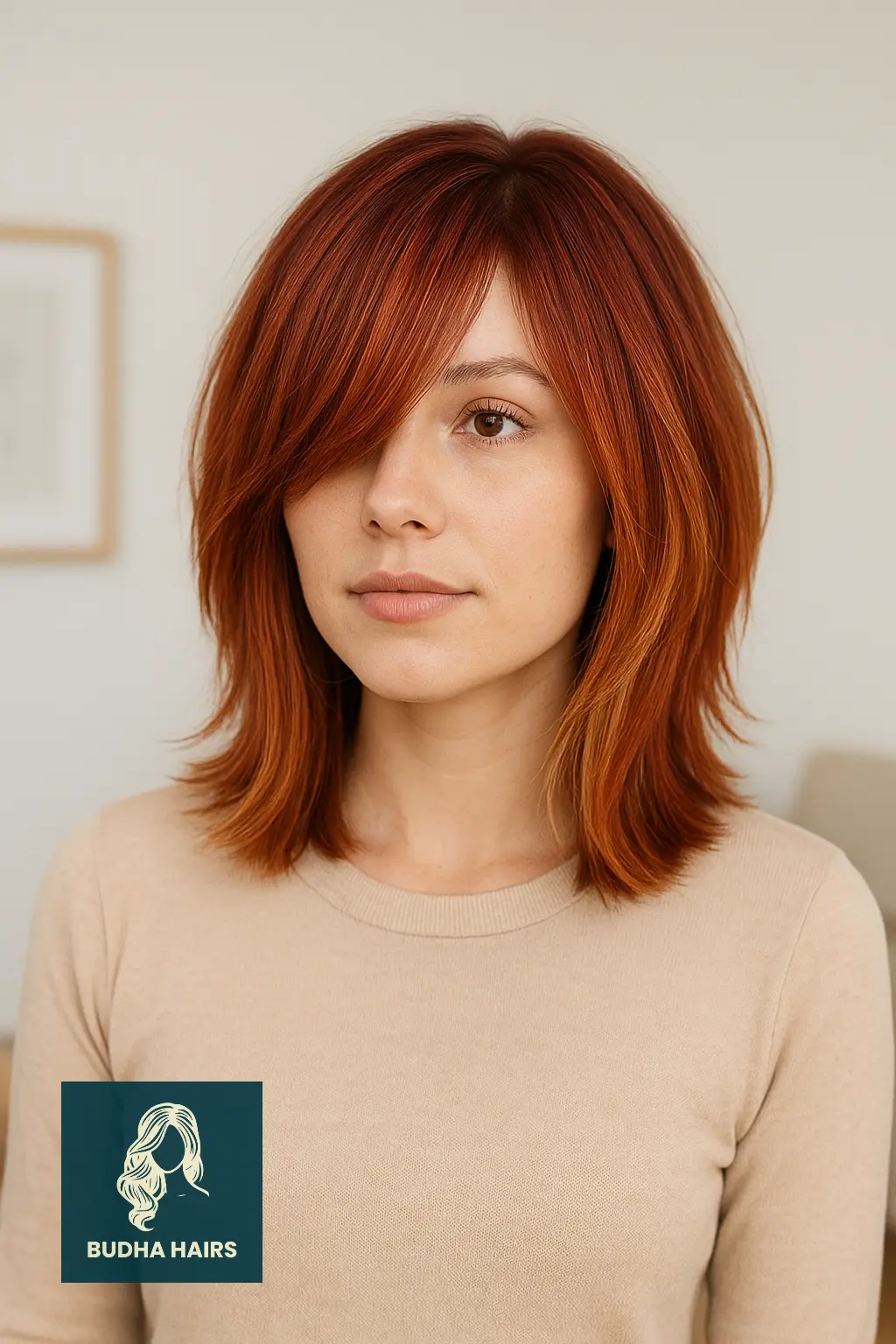 Bold Red and Blonde Layered Bob with Eye-Covering Bangs