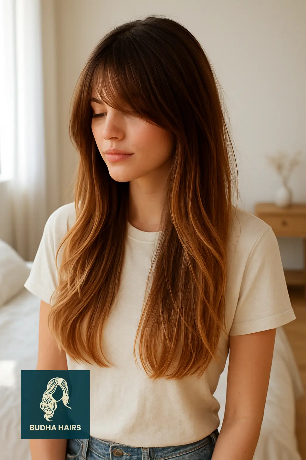Long Layered Ombre Hair with Eye-Covering Bangs
