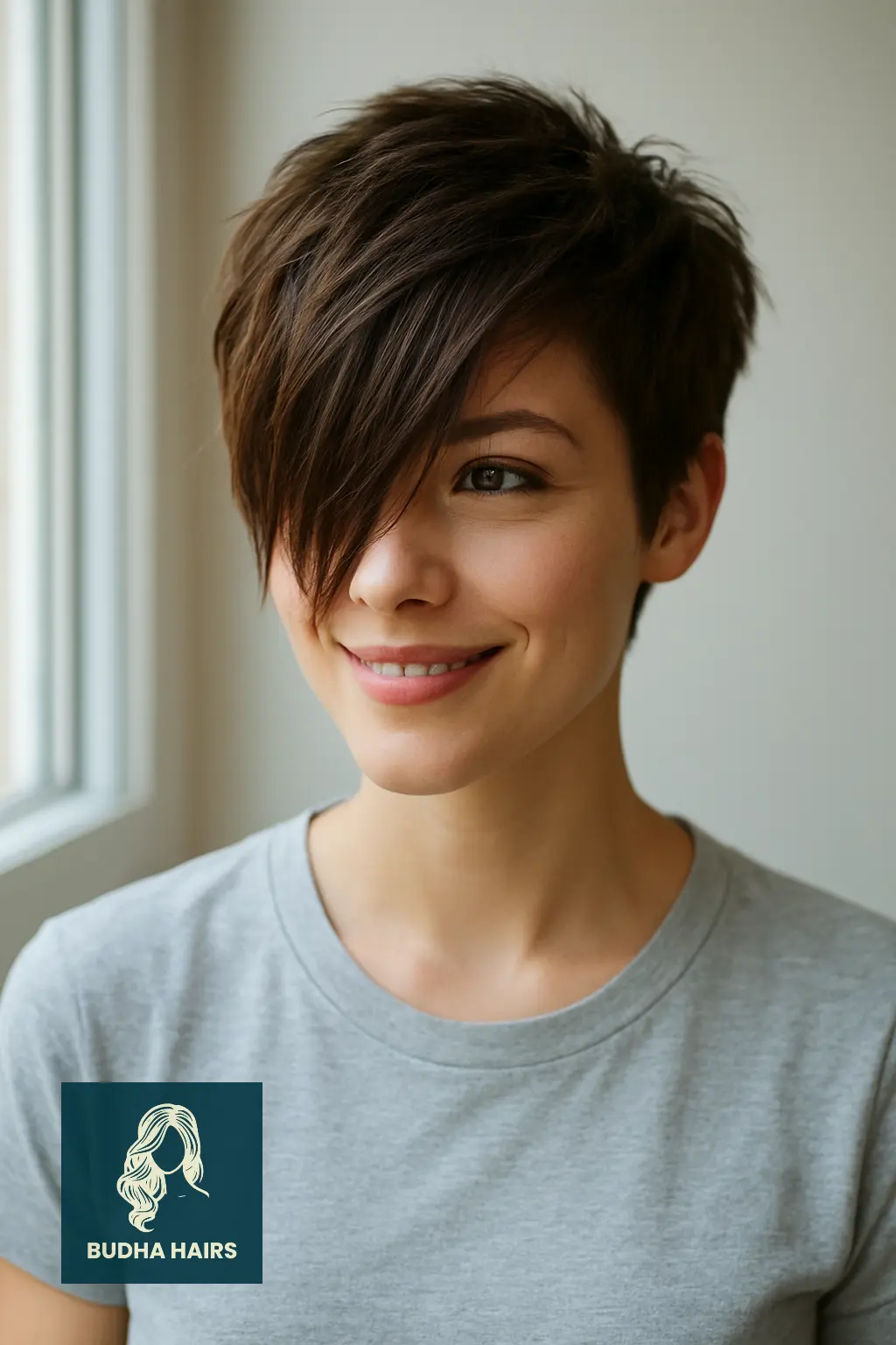 Short Textured Pixie with Long, Draping Bangs