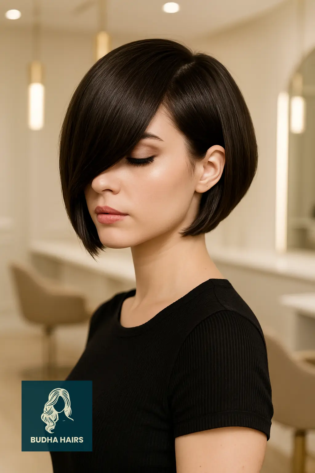 Sleek Side-Swept Bob with Defined Eye-Covering Bangs
