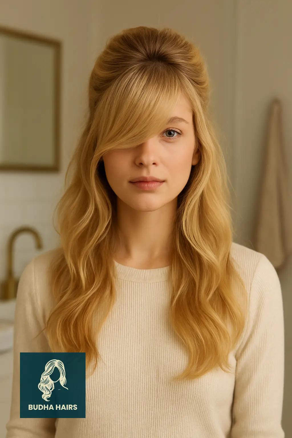 Voluminous Half-Up Blonde Updo with Bangs