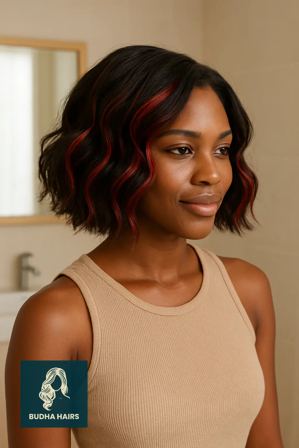 Wavy Bob Enhanced with Bold Red Peekaboo Highlights
