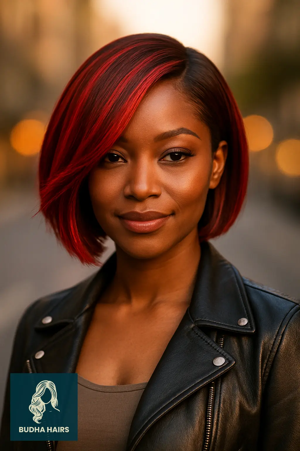 Asymmetrical Red Bob with Highlight Streaks