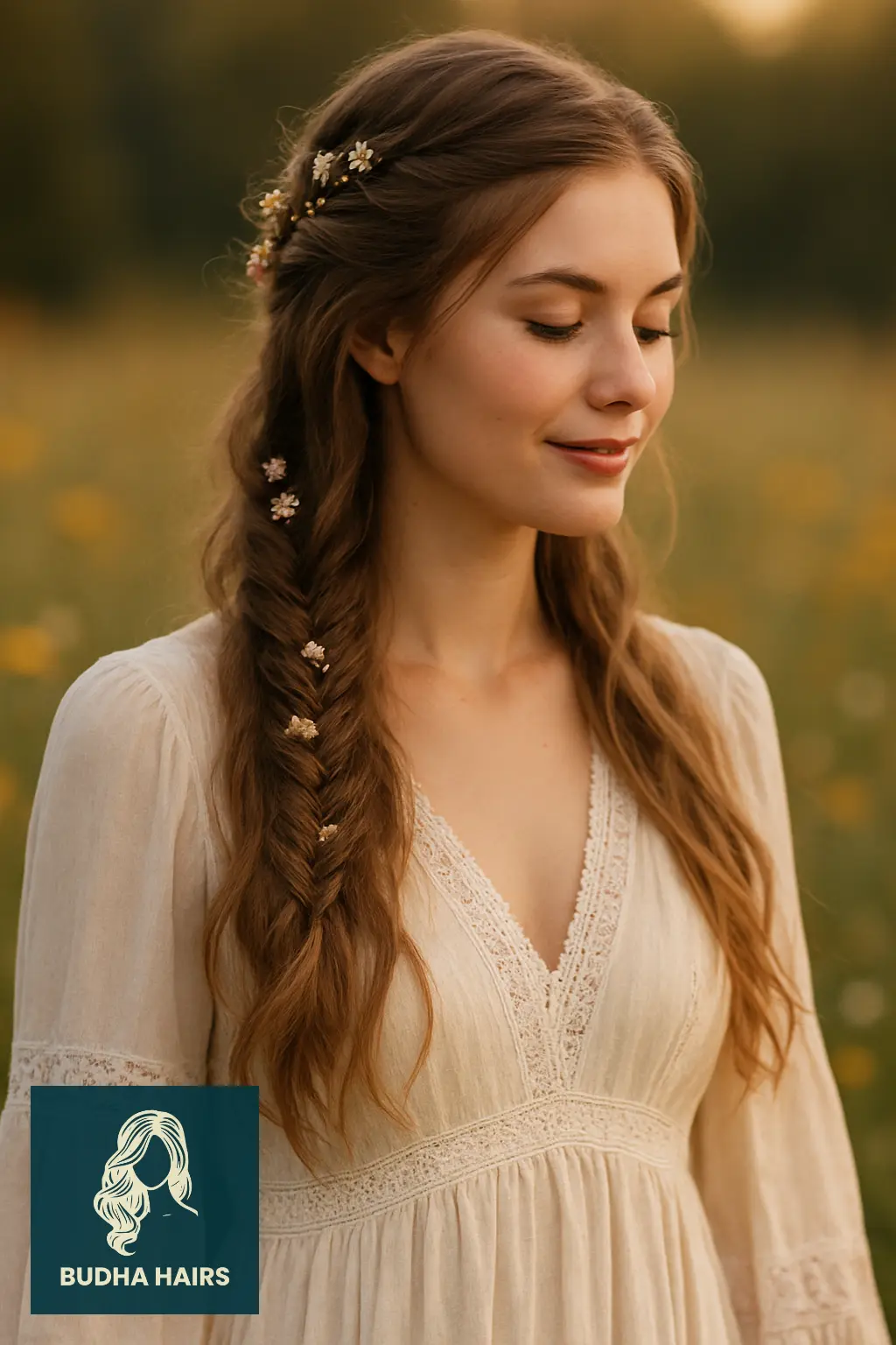 30 Stunning Half-Up Fishtail Braid Hairstyles to Try in 2026 5 Bohemian Half-Up Fishtail with Flowers
