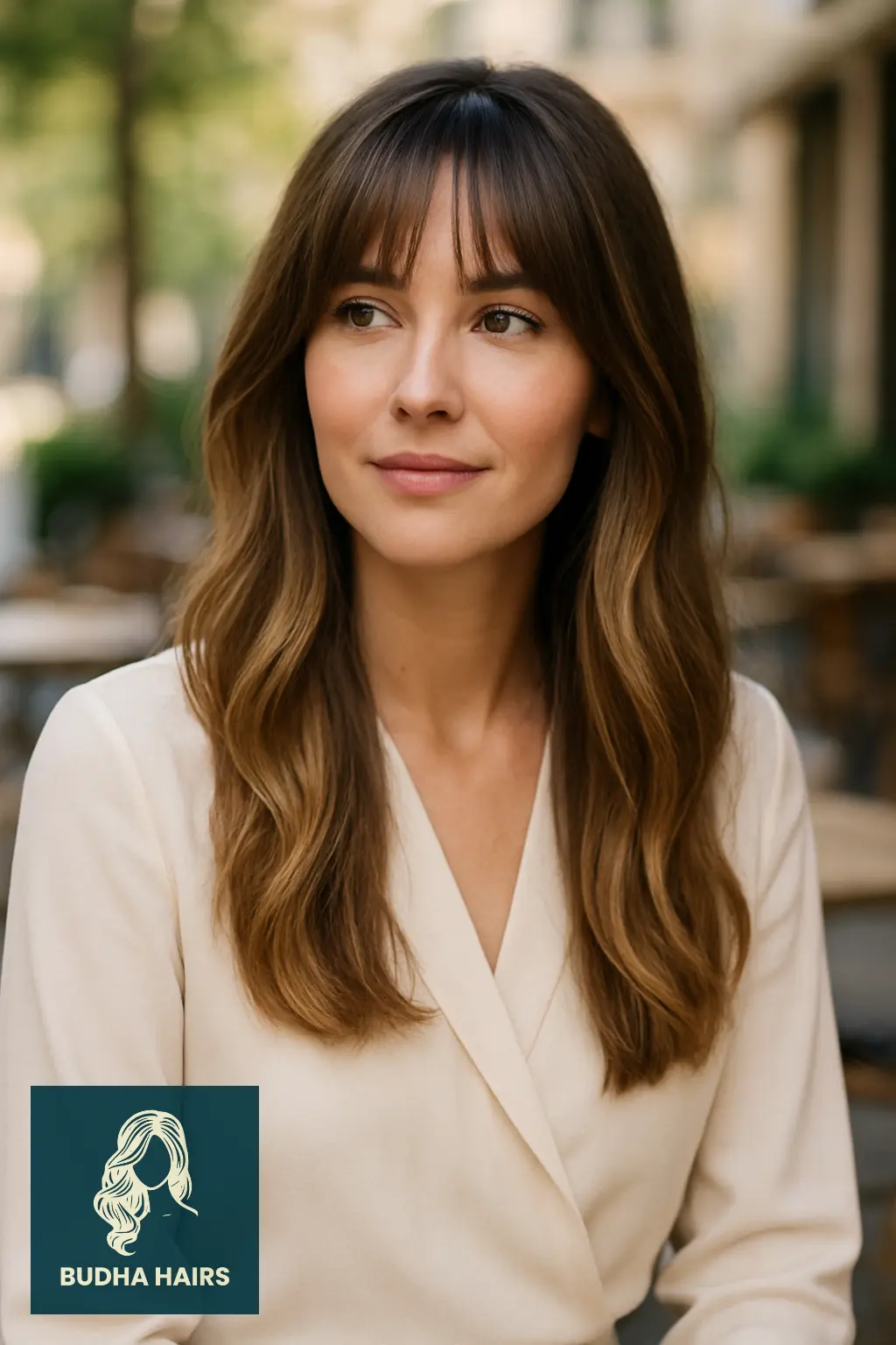 Bottleneck Bangs with Long Balayage Hair