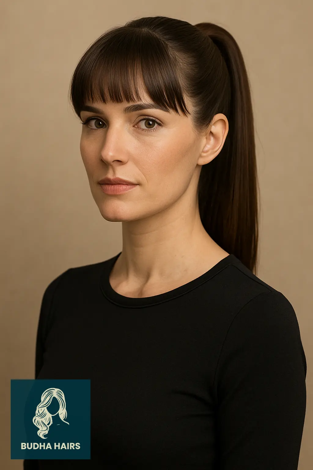 Bottleneck Bangs with Sleek High Ponytail