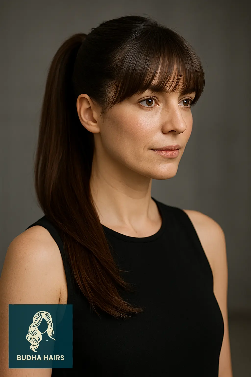 Bottleneck Bangs with Sleek Ponytail