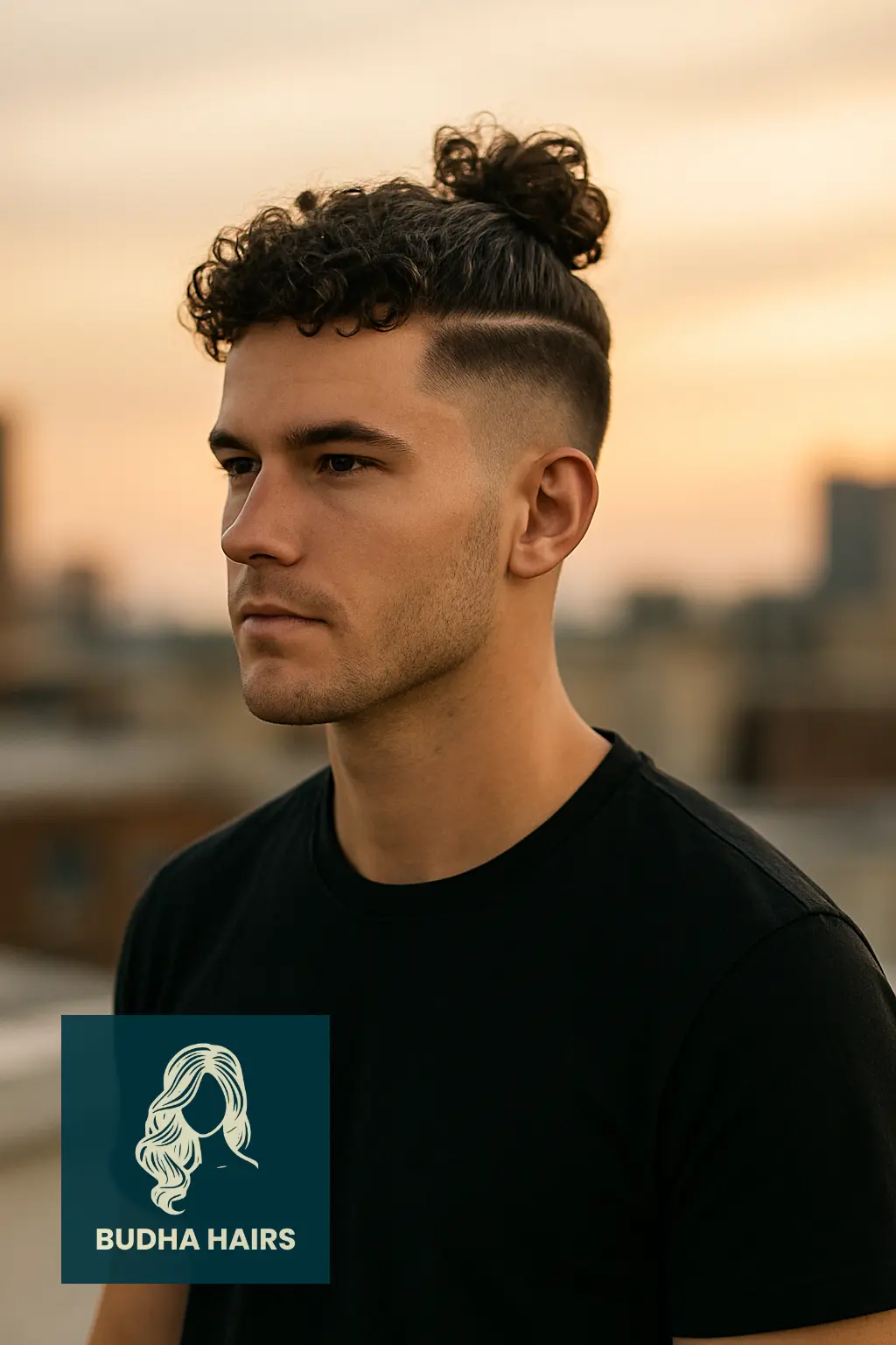 Burst Fade with Curly Top Knot