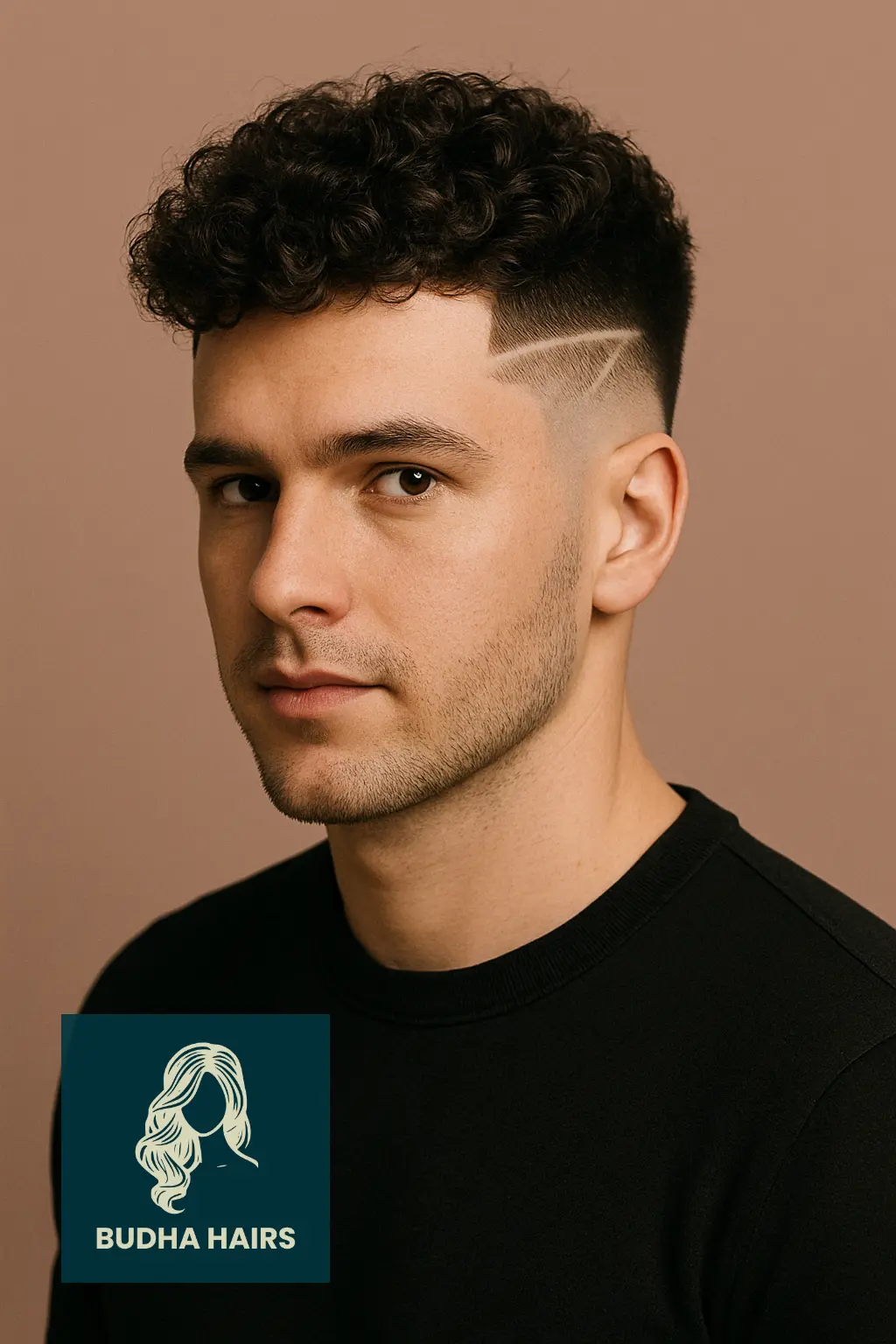 Curly Drop Fade with Shaved Design