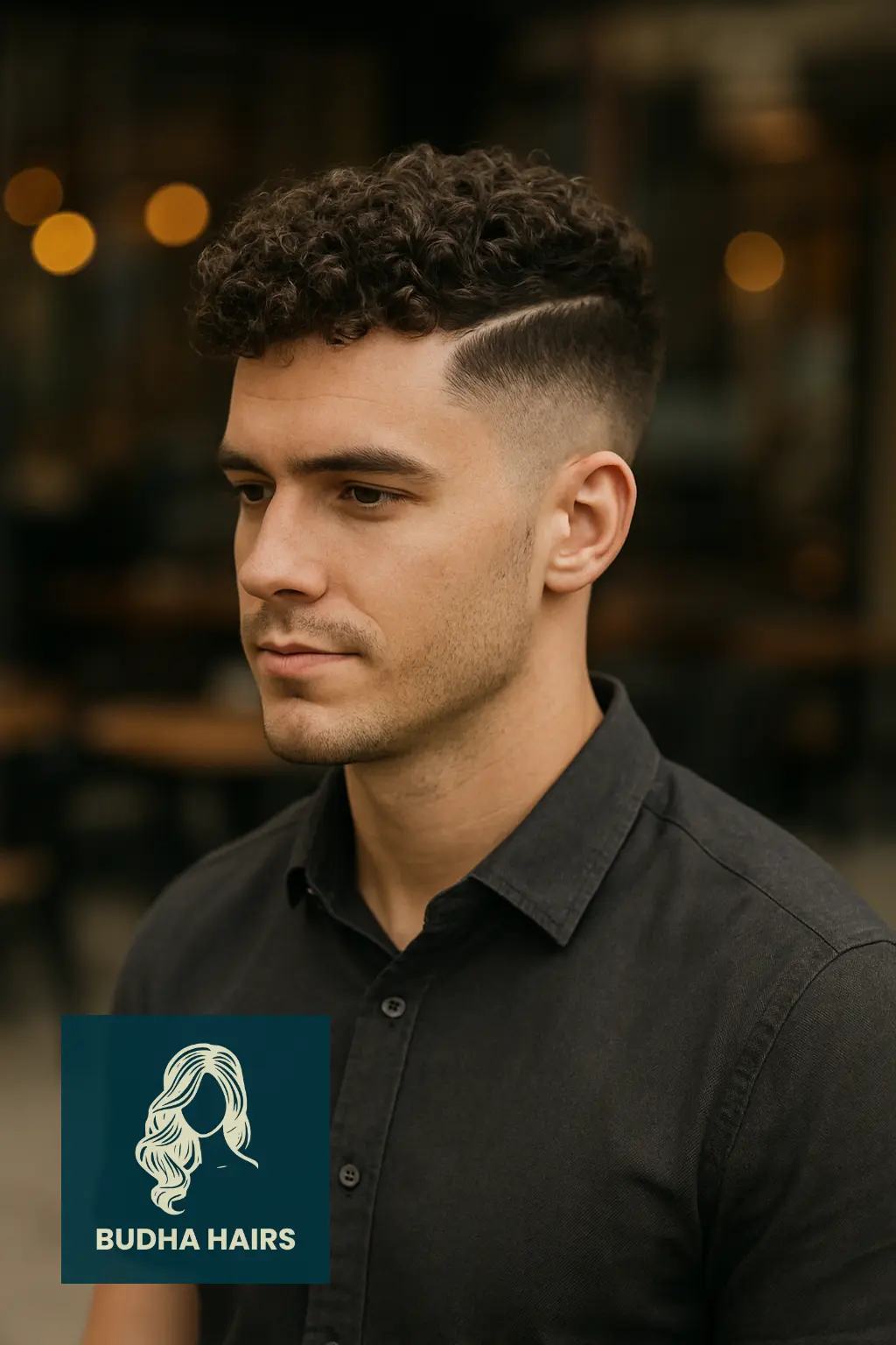 Curly Fade with Hard Part Design