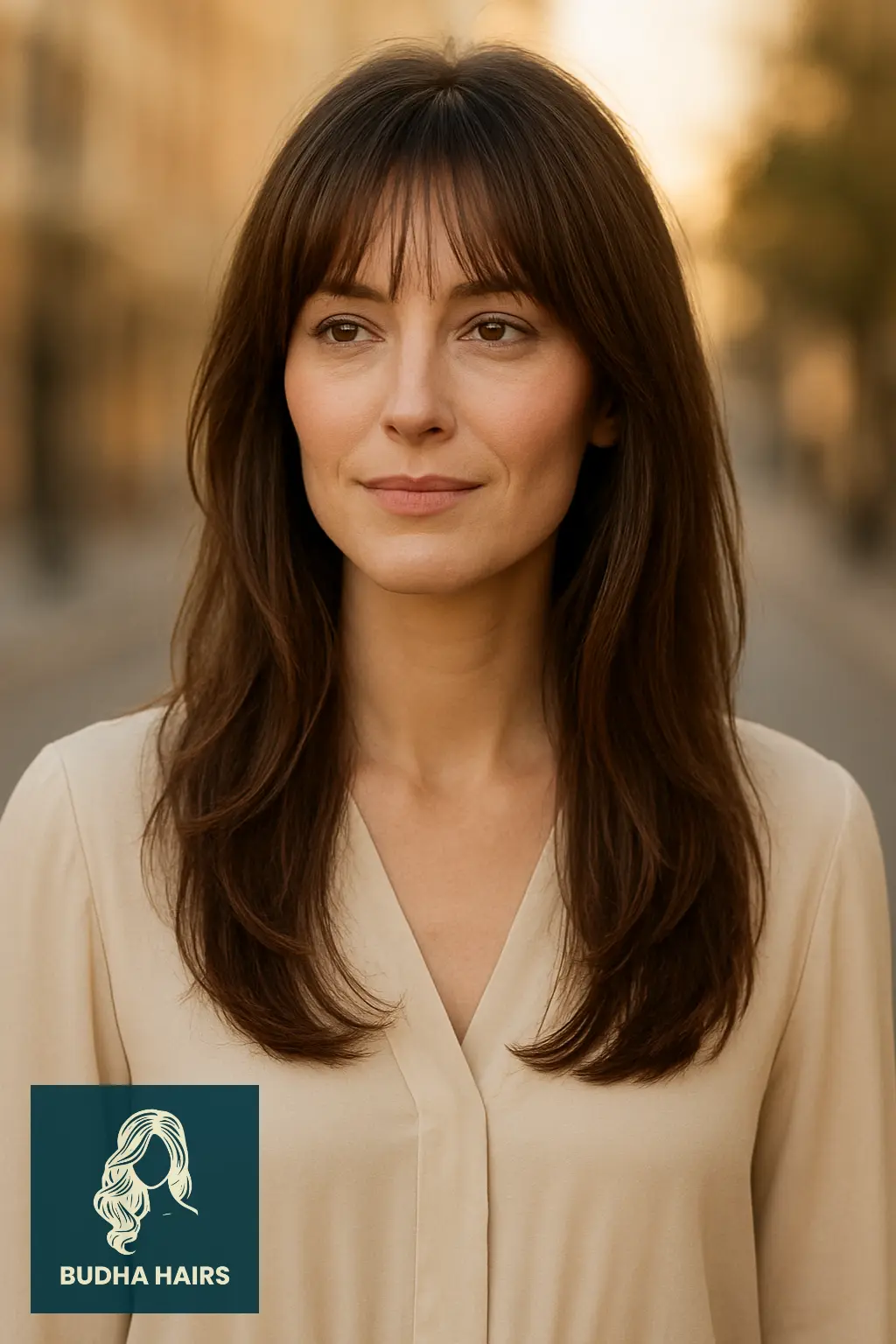 Long Layered Hair with Bottleneck Bangs