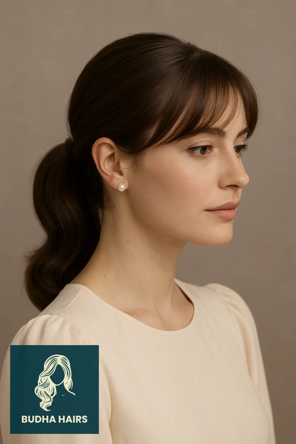 32 Gorgeous Weave Ponytail Hairstyles with Bangs for Every Occasion 31 Low Bun Ponytail with Soft Bangs