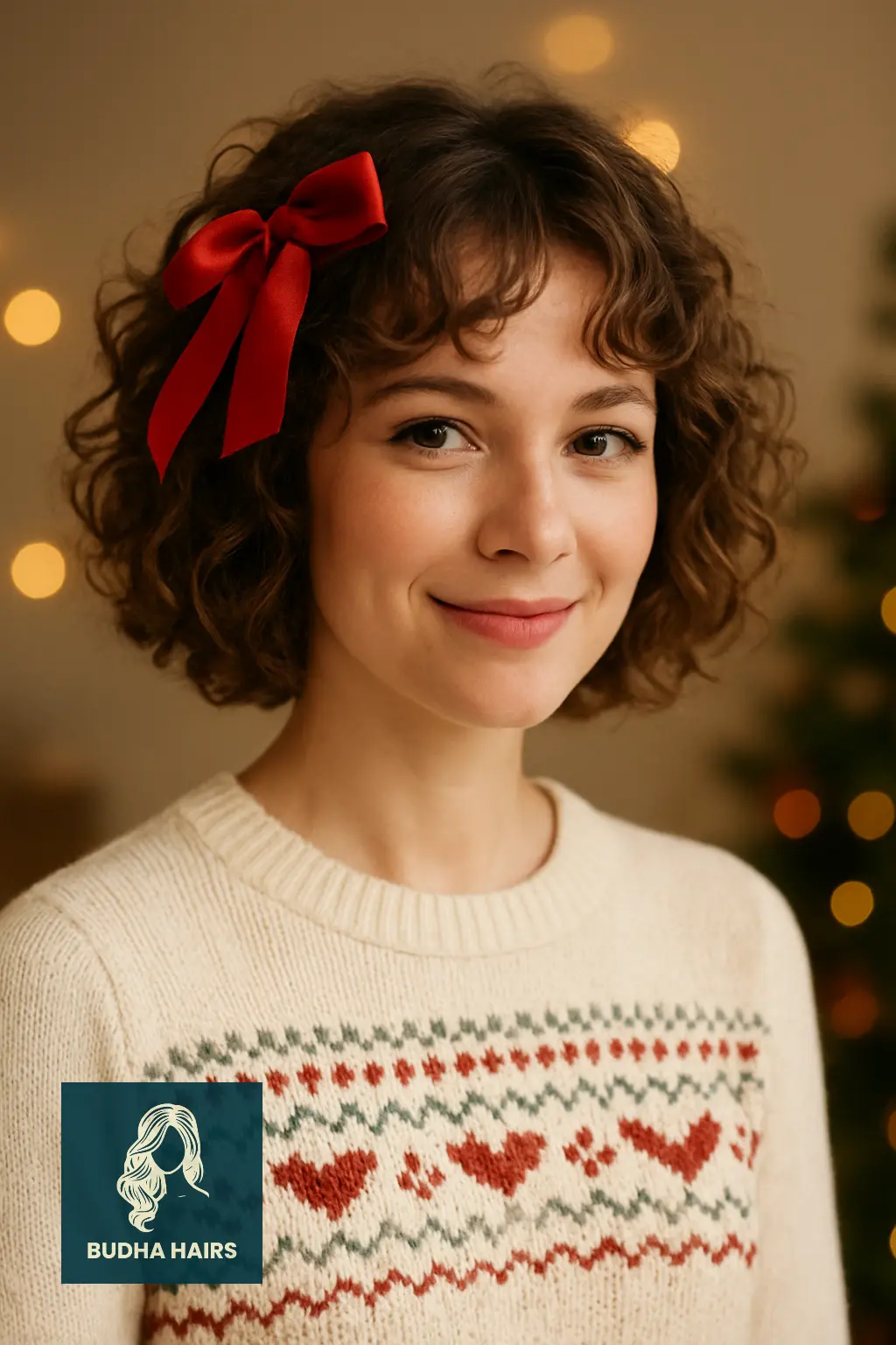 Messy Curly Lob with Red Ribbon