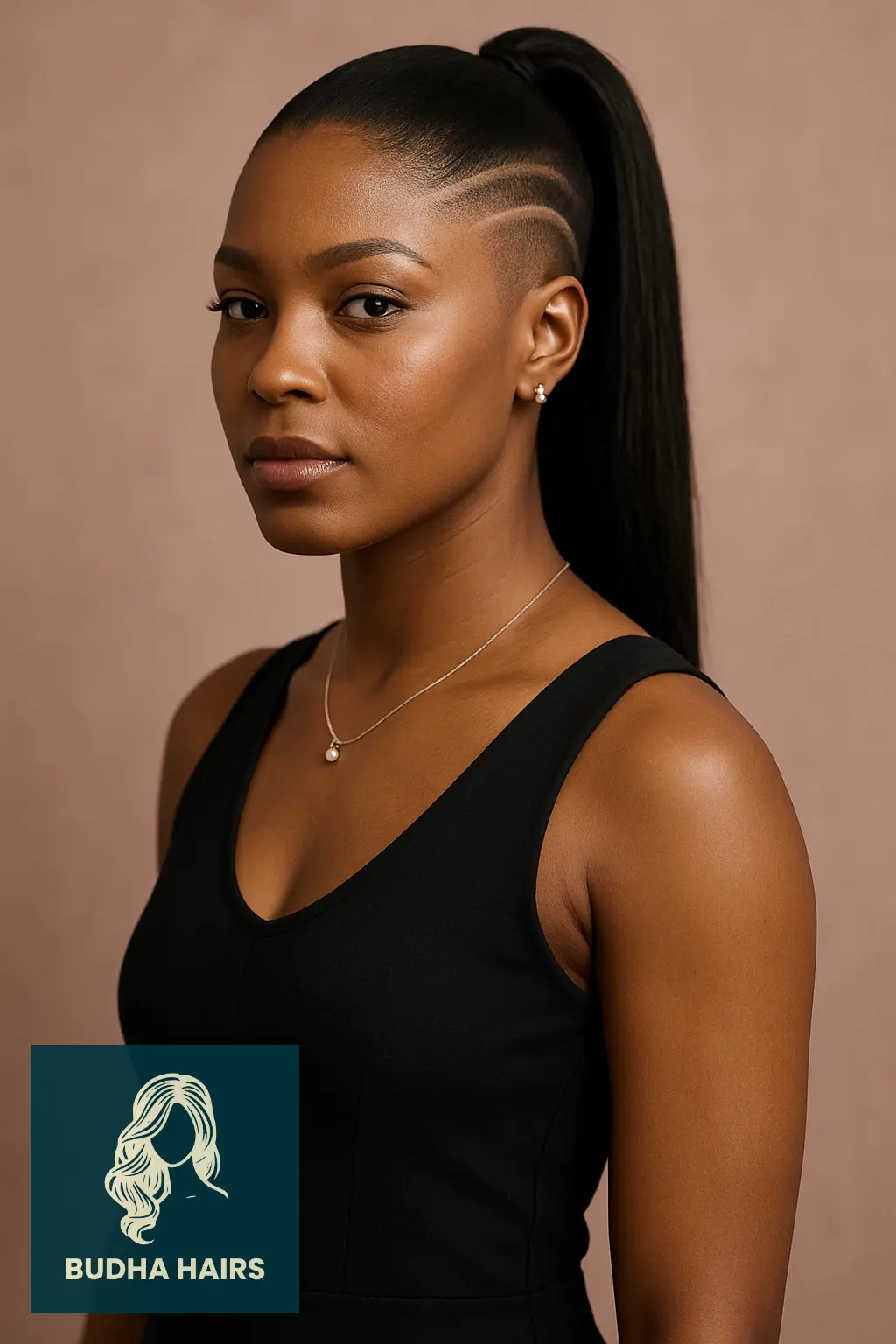30 Bold One Side Shaved Hairstyles for Black Women 14 Sleek Ponytail with Shaved Detail