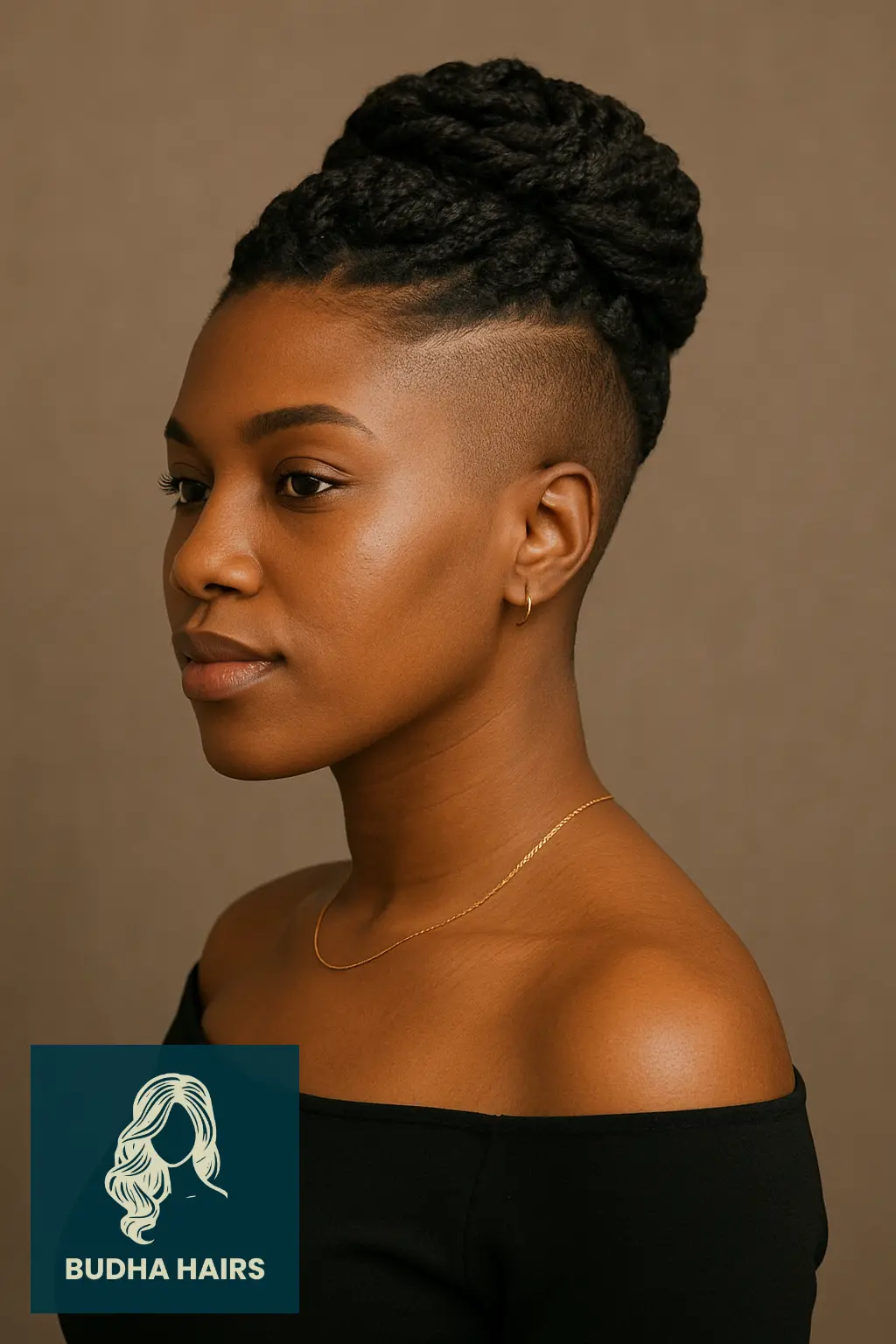 30 Bold One Side Shaved Hairstyles for Black Women 9 Twisted Updo with Undercut