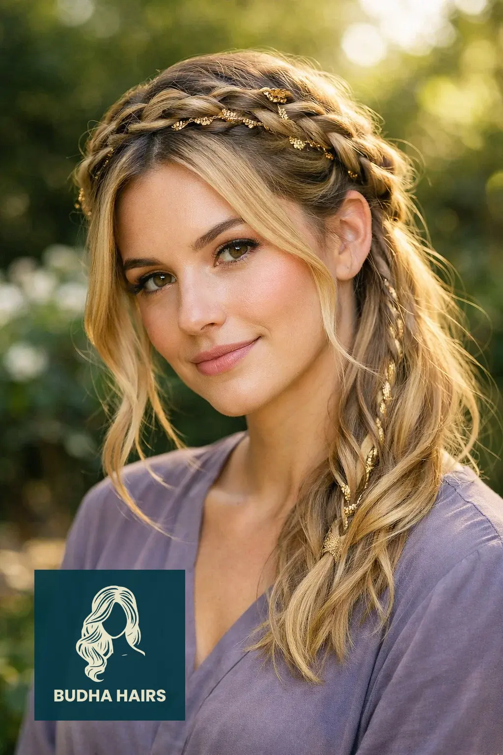 35 Golden Blonde Balayage Looks for a Radiant Shine 10 Braided Crown with Gilded Accents