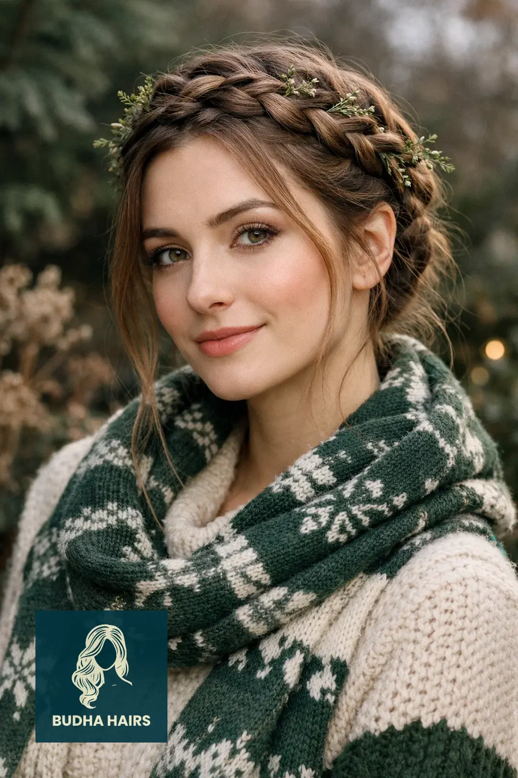 30 Best Christmas Party Hairstyles for a Festive & Glamorous Look 5 Braided Crown with Greenery