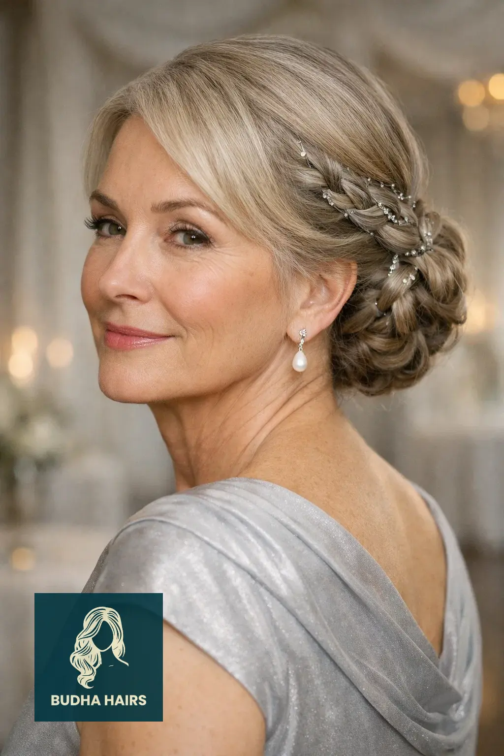 29 Stunning Wedding Hairstyles for Older Women: Elegant & Voluminous 10 Braided Low Bun with Silver Accents