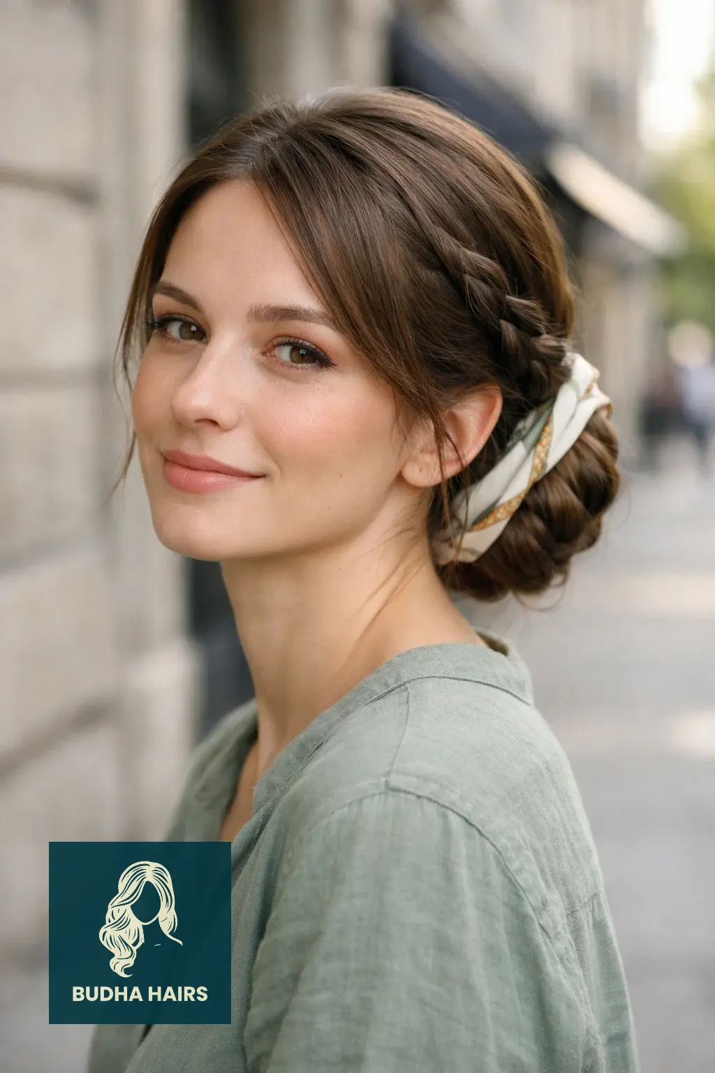 25 Best Updo Hairstyles for Thin Hair: Voluminous & Elegant 7 Braided Low Bun with a Silk Scarf