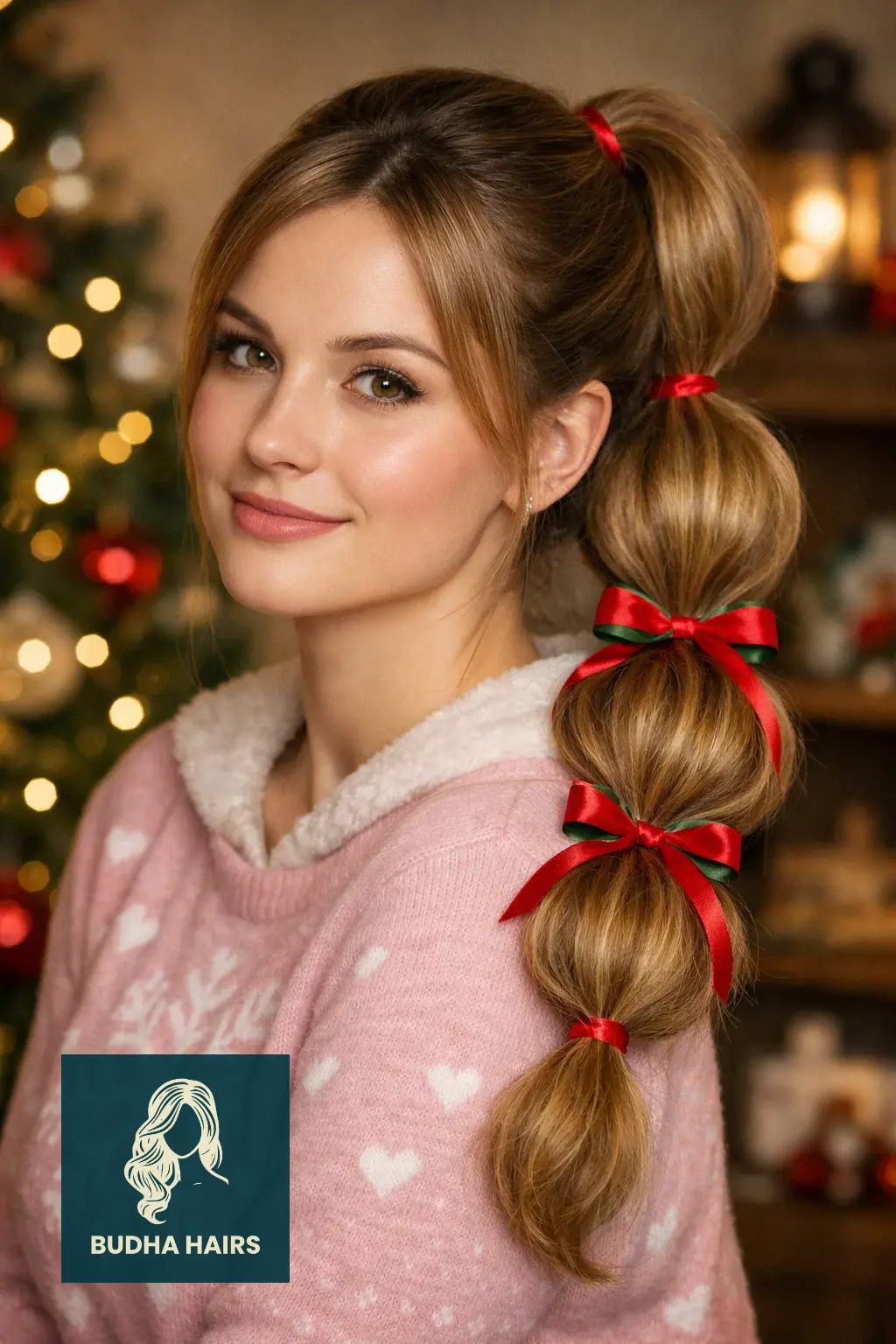 30 Best Christmas Party Hairstyles for a Festive & Glamorous Look 8 Bubble Ponytail with Ribbon