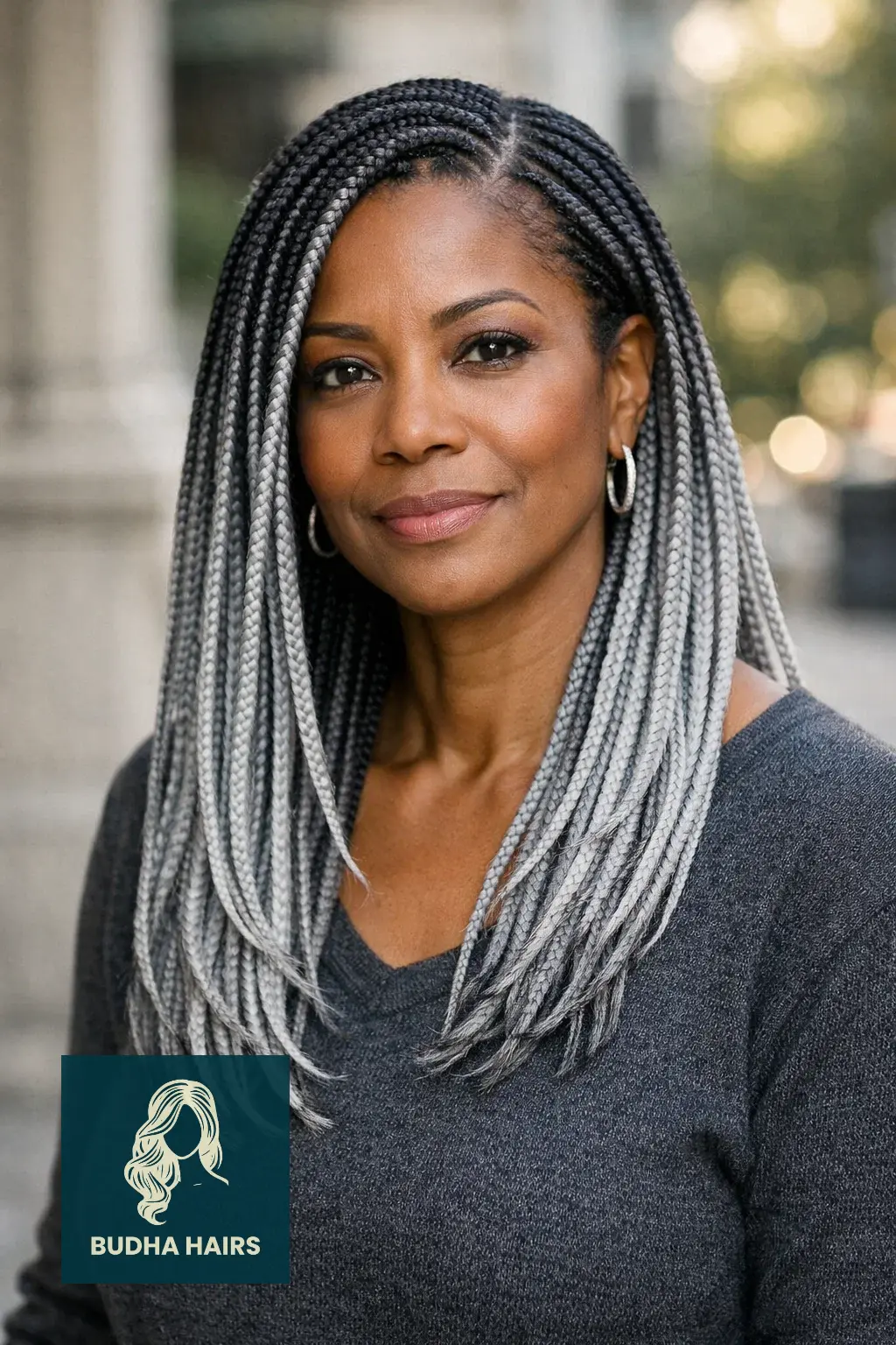 25 Stunning Braids for Older Black Women Over 50 (2026 Guide) 5 Gray and Silver Ombré Braids