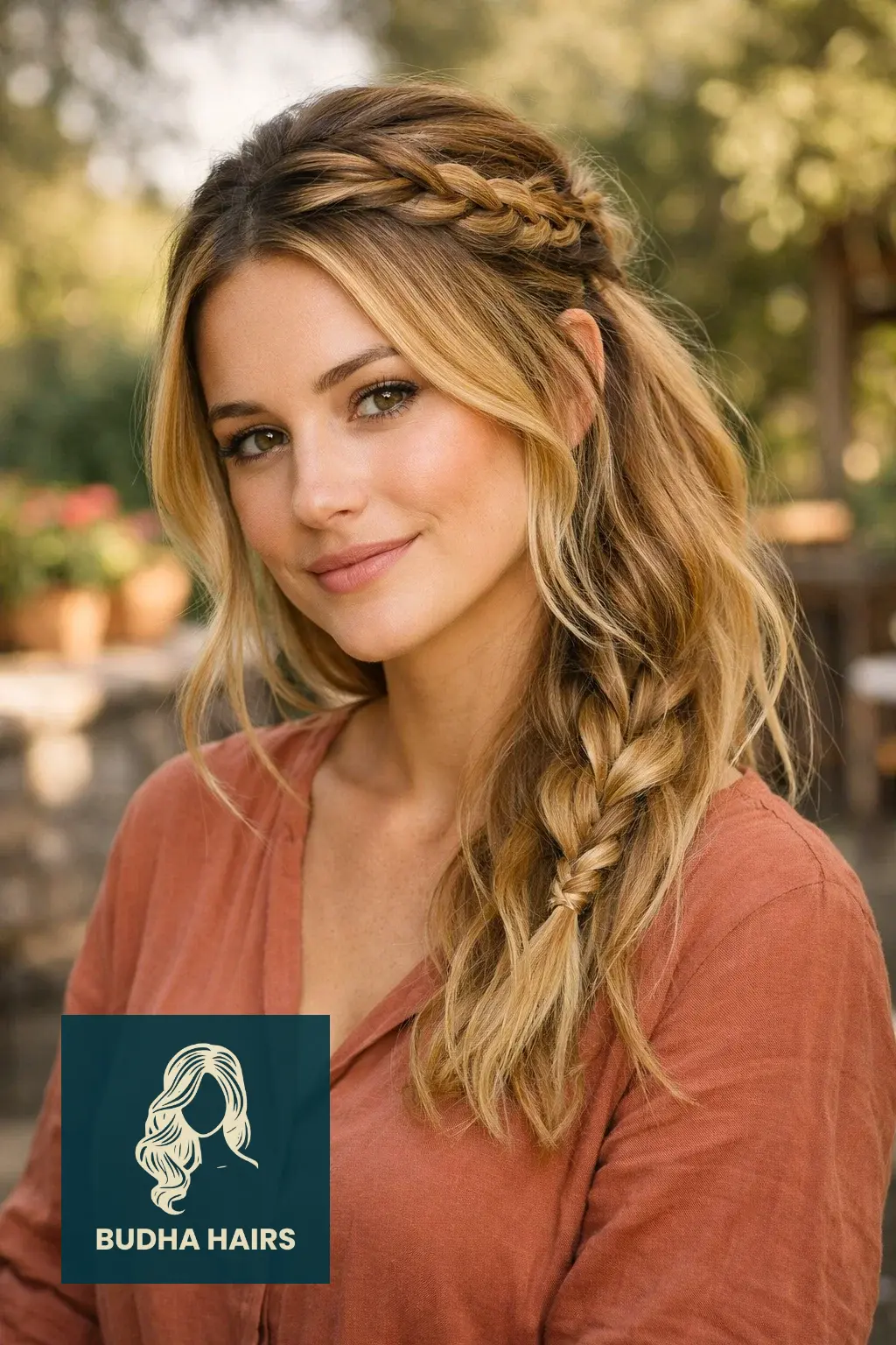 35 Golden Blonde Balayage Looks for a Radiant Shine 35 Half-Up Boho Braid with Warm Gold