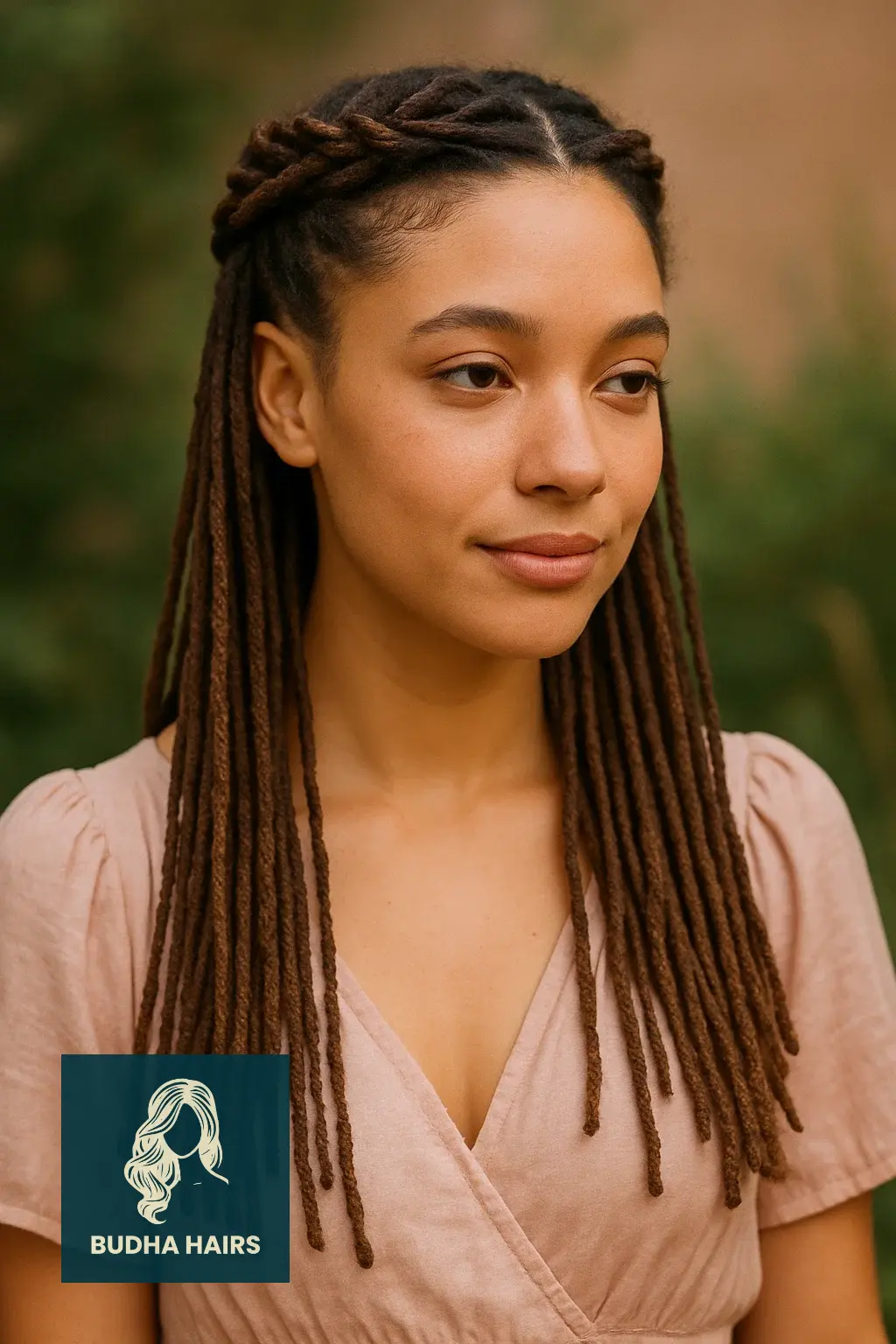 20 Chic & Stylish Thin Locs Hairstyles for Every Woman 4 Half-Up Crown Twist With Thin Locs