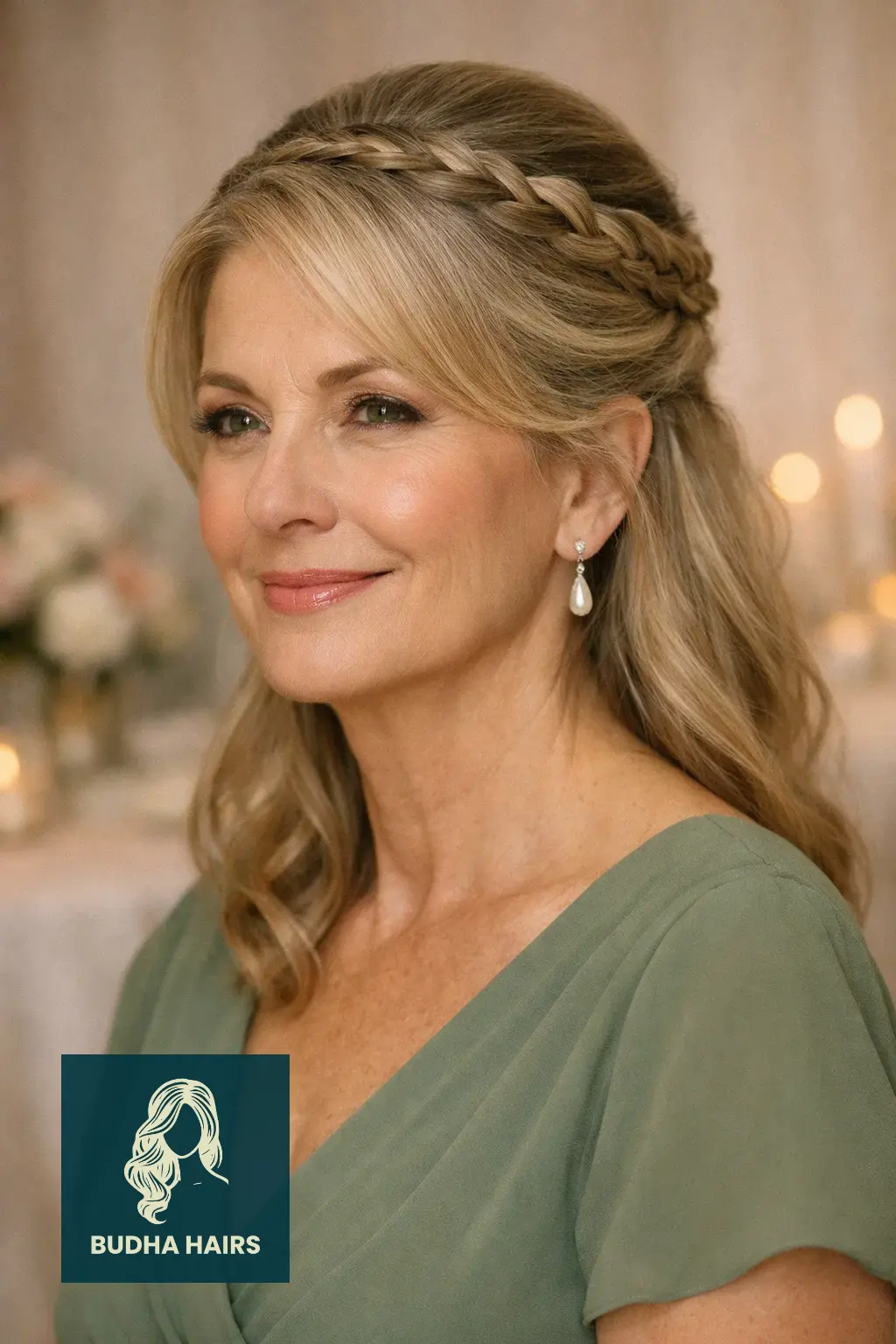 29 Stunning Wedding Hairstyles for Older Women: Elegant & Voluminous 5 Half-Up Style with a Braided Crown