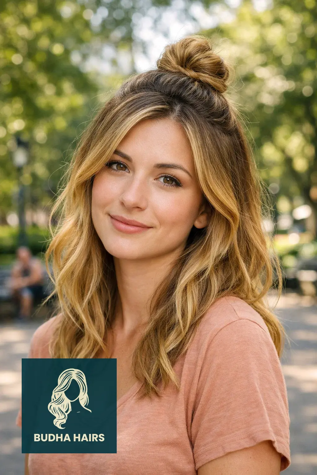 35 Golden Blonde Balayage Looks for a Radiant Shine 11 Half-Up Top Knot with Honey Highlights