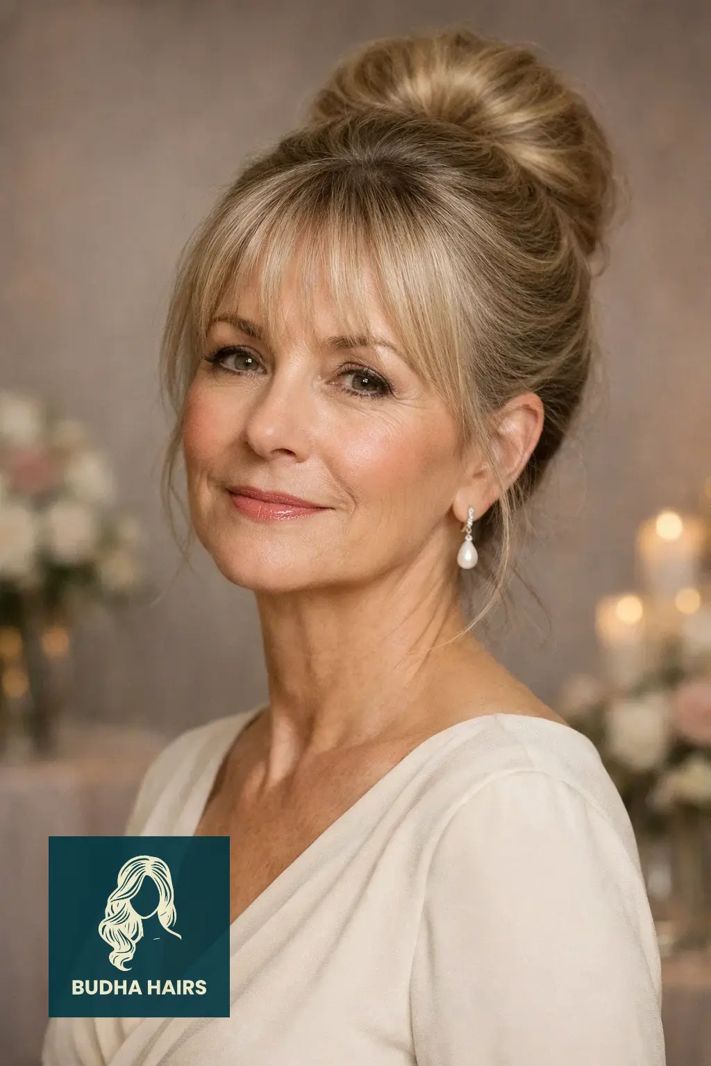 29 Stunning Wedding Hairstyles for Older Women: Elegant & Voluminous 19 High Bun with Soft Wispy Fringe