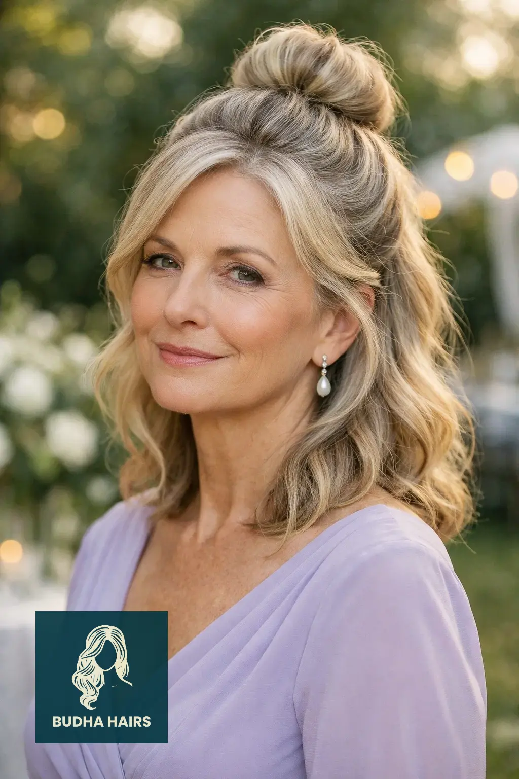 29 Stunning Wedding Hairstyles for Older Women: Elegant & Voluminous 27 High Half-Up Top Knot with Waves