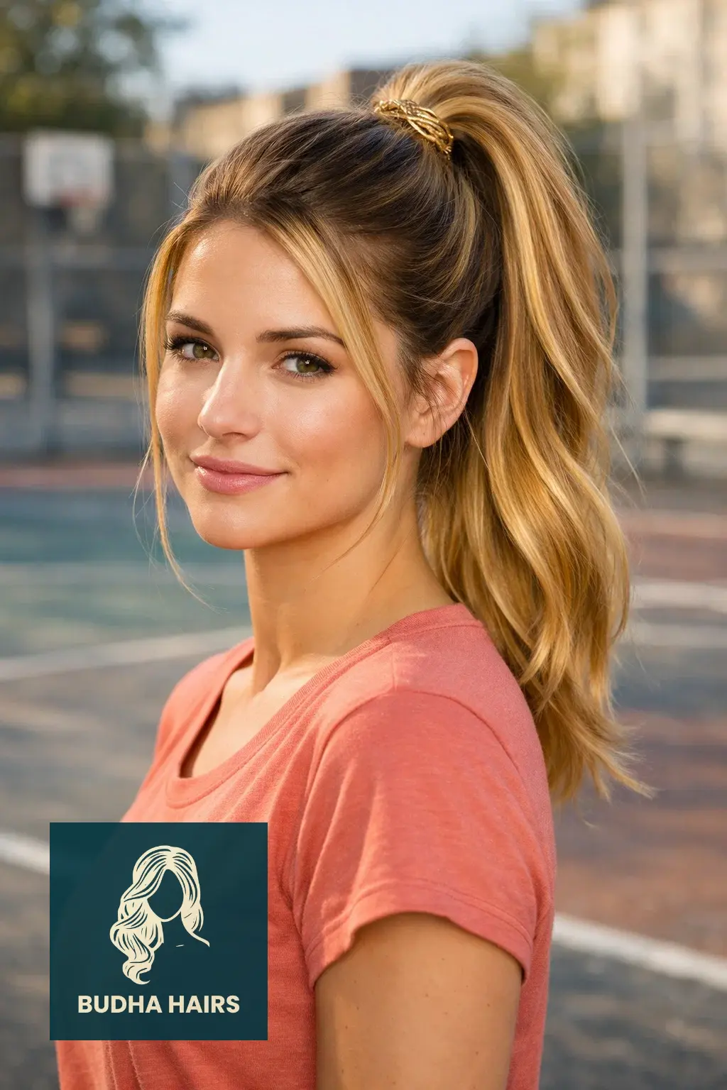 35 Golden Blonde Balayage Looks for a Radiant Shine 14 High Ponytail with Golden Ribbons