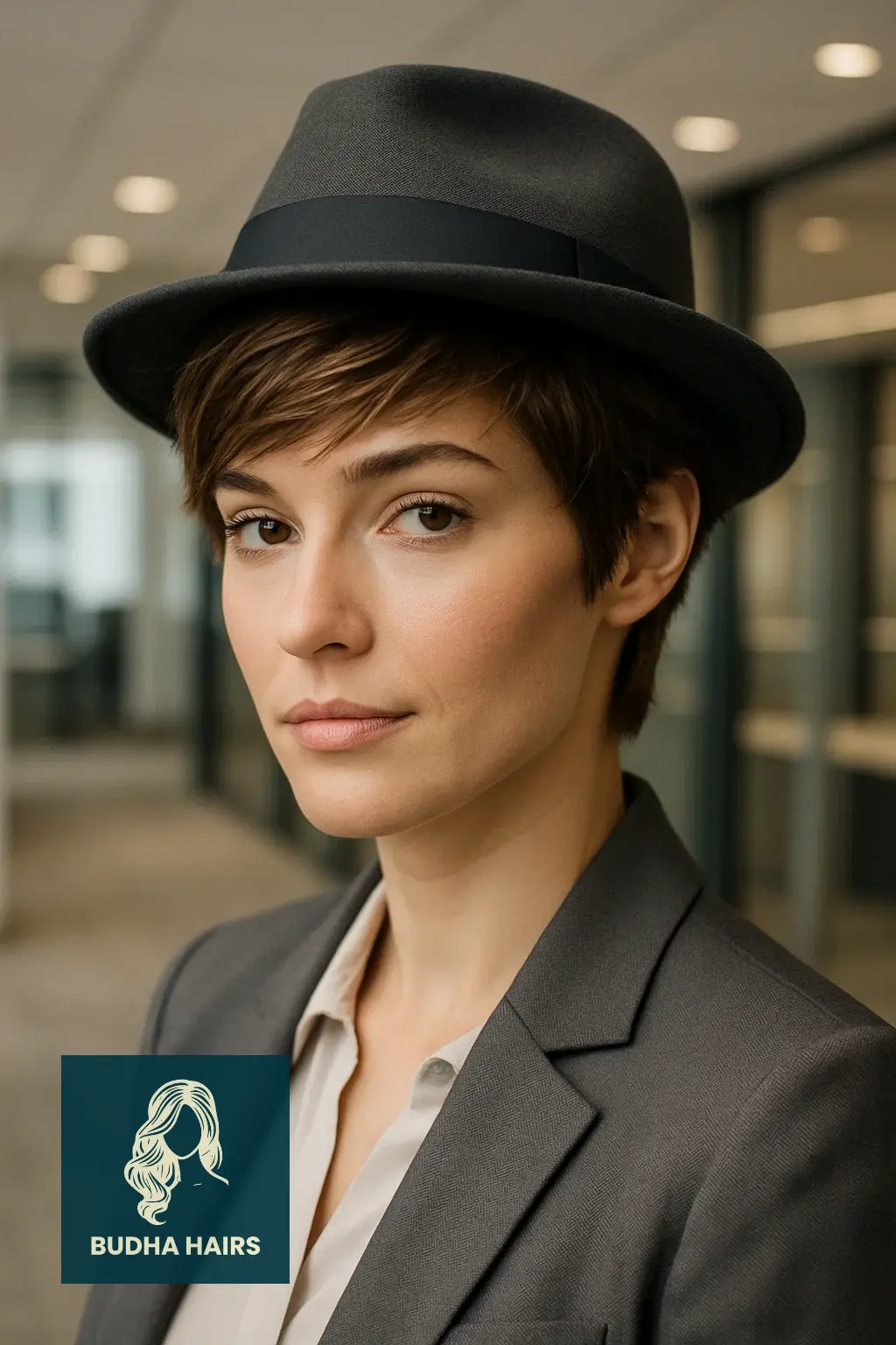 35 Best Hat Hairstyles for Work to Stay Polished & Professional 33 Layered Pixie Cut with a Sleek Workplace Hat