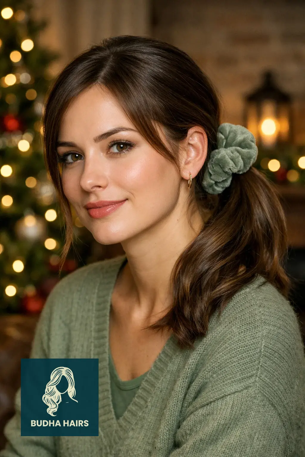 30 Best Christmas Party Hairstyles for a Festive & Glamorous Look 11 Low Pony with Velvet Scrunchie