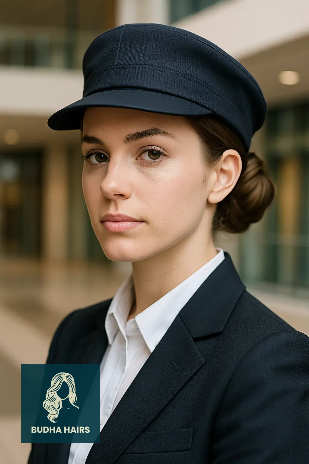 35 Best Hat Hairstyles for Work to Stay Polished & Professional 7 Neat Chignon Paired with a Formal Company Cap