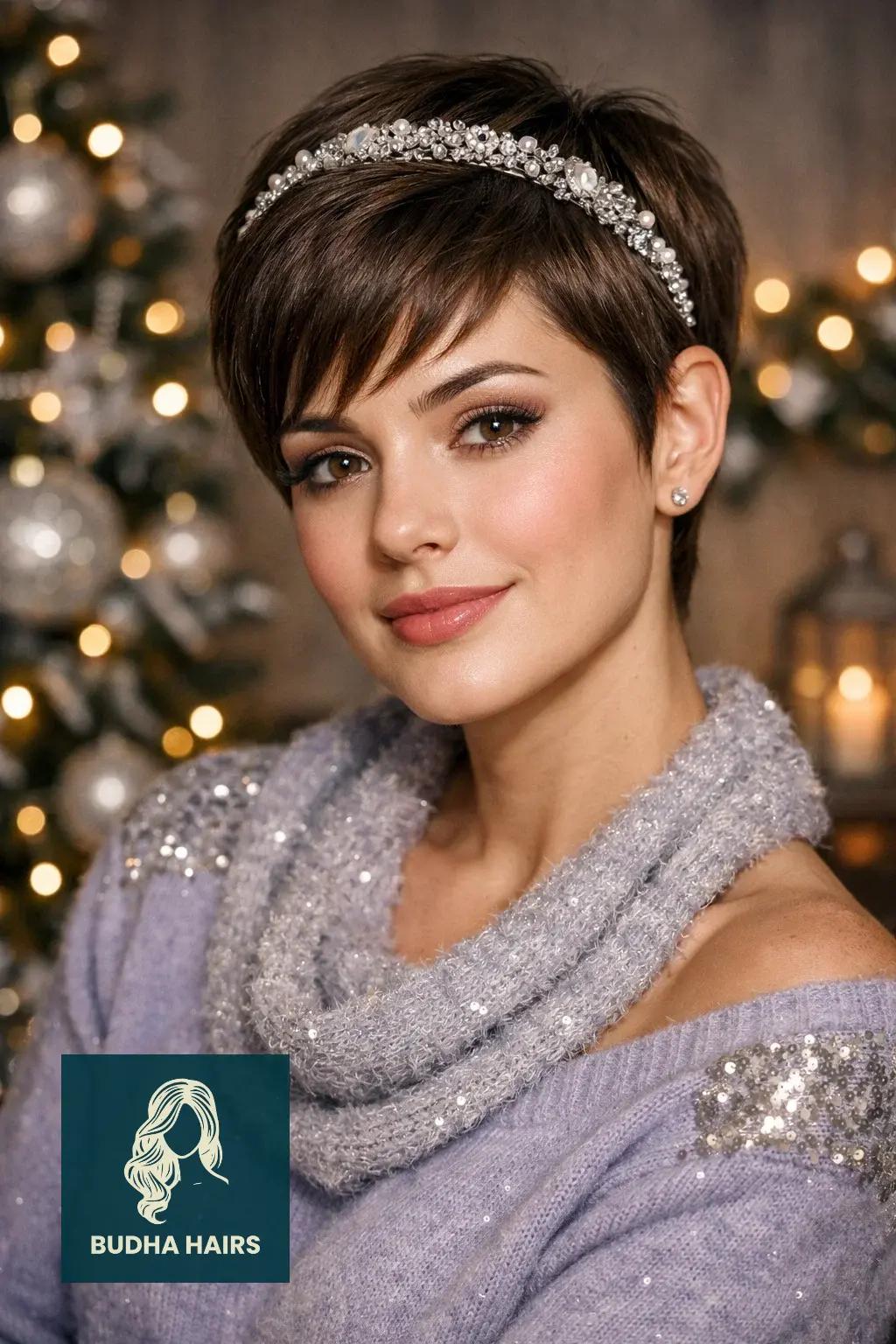30 Best Christmas Party Hairstyles for a Festive & Glamorous Look 29 Pixie Cut with Embellished Headband