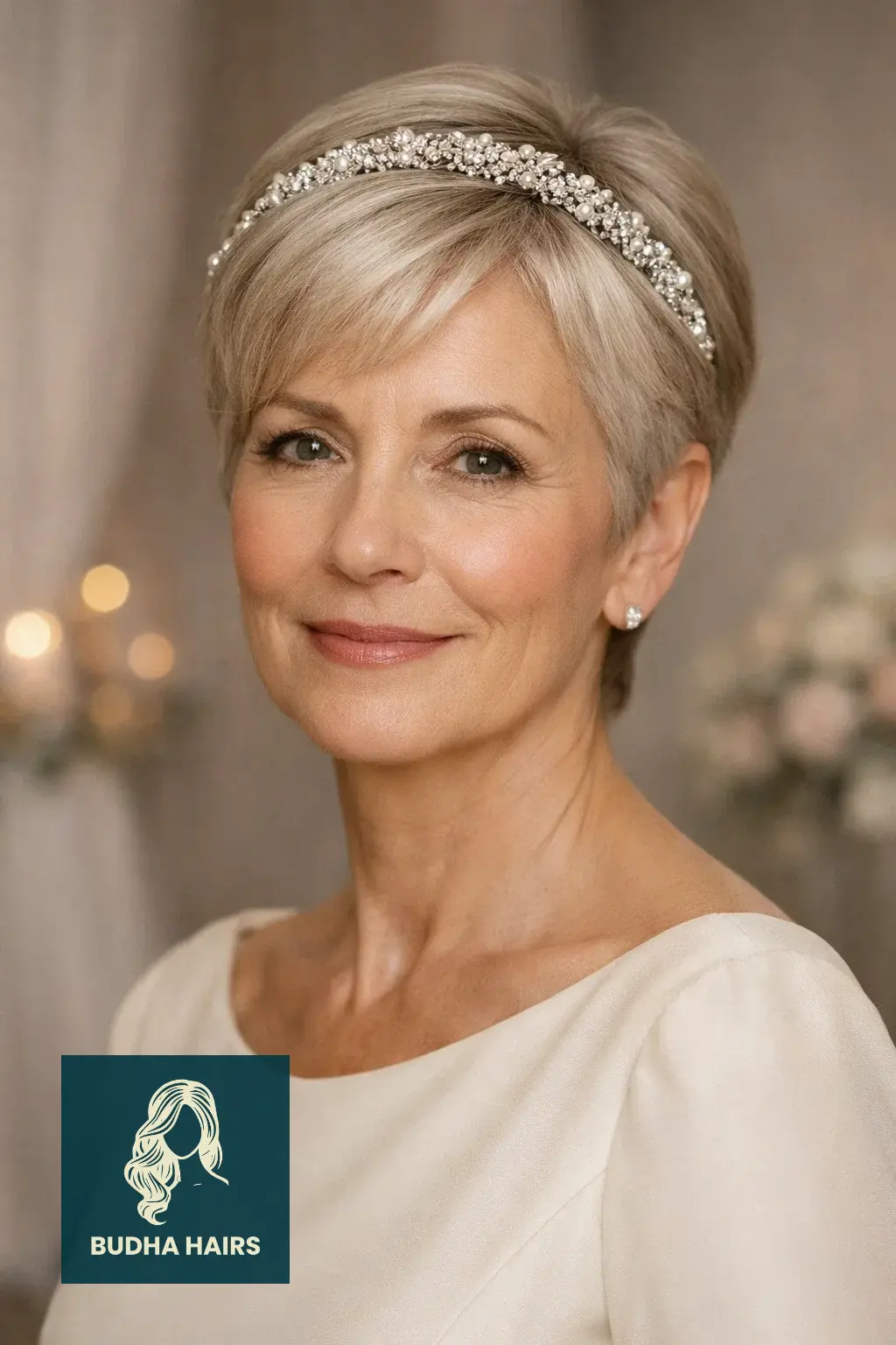 29 Stunning Wedding Hairstyles for Older Women: Elegant & Voluminous 12 Polished Pixie with a Jeweled Headband