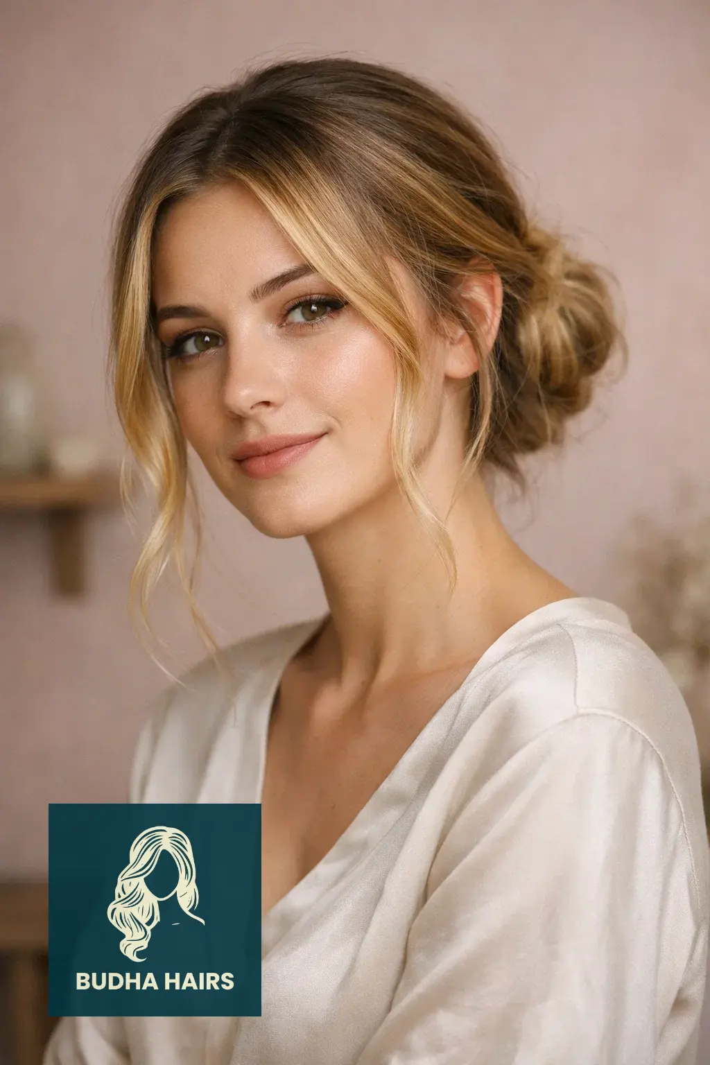 35 Golden Blonde Balayage Looks for a Radiant Shine 20 Romantic Low Bun with Golden Face-Framing