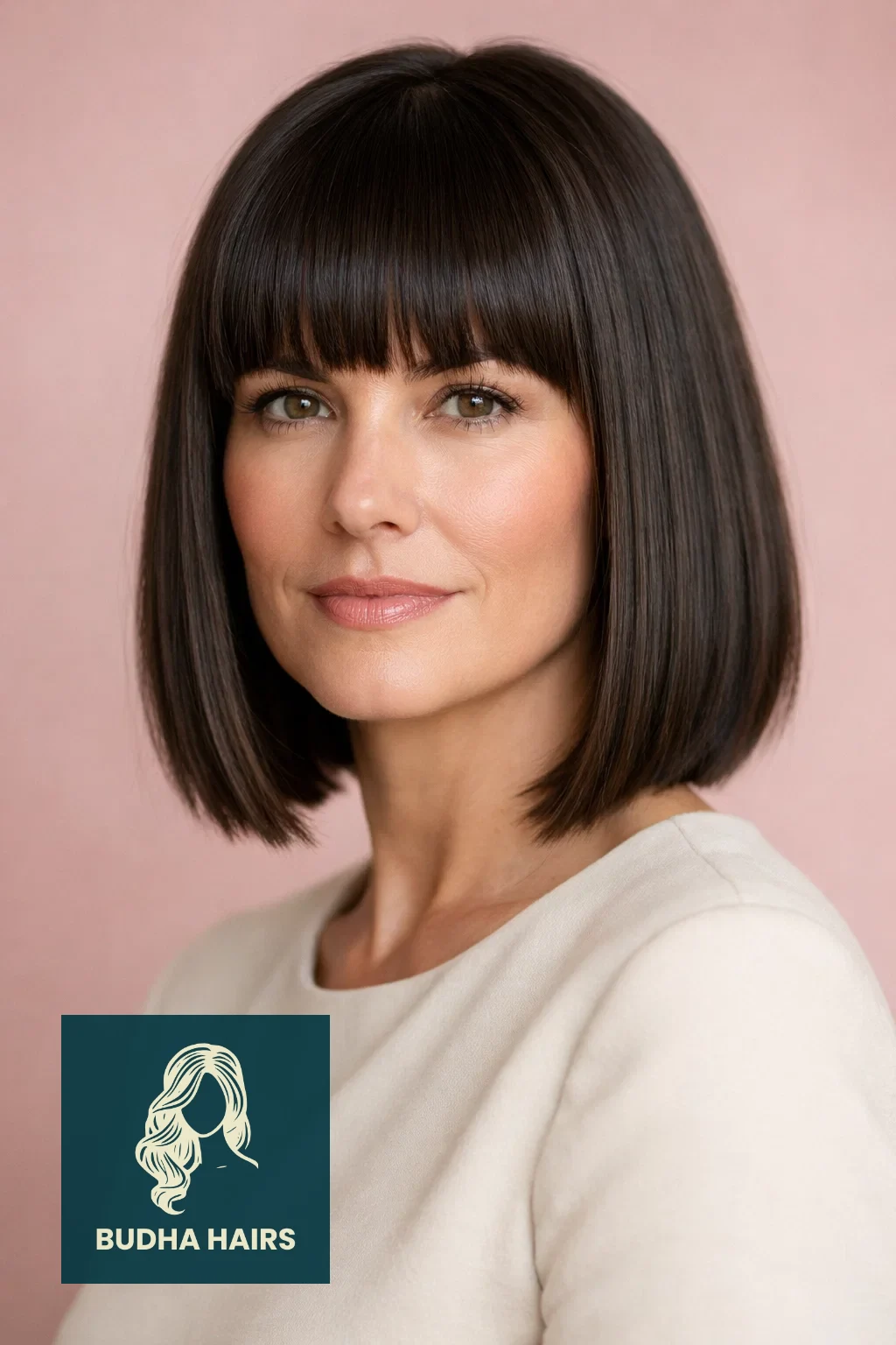 35 Chic Hairstyles for Women Over 40 with Bangs to Try Now 3 Sleek Lob With Blunt Bangs