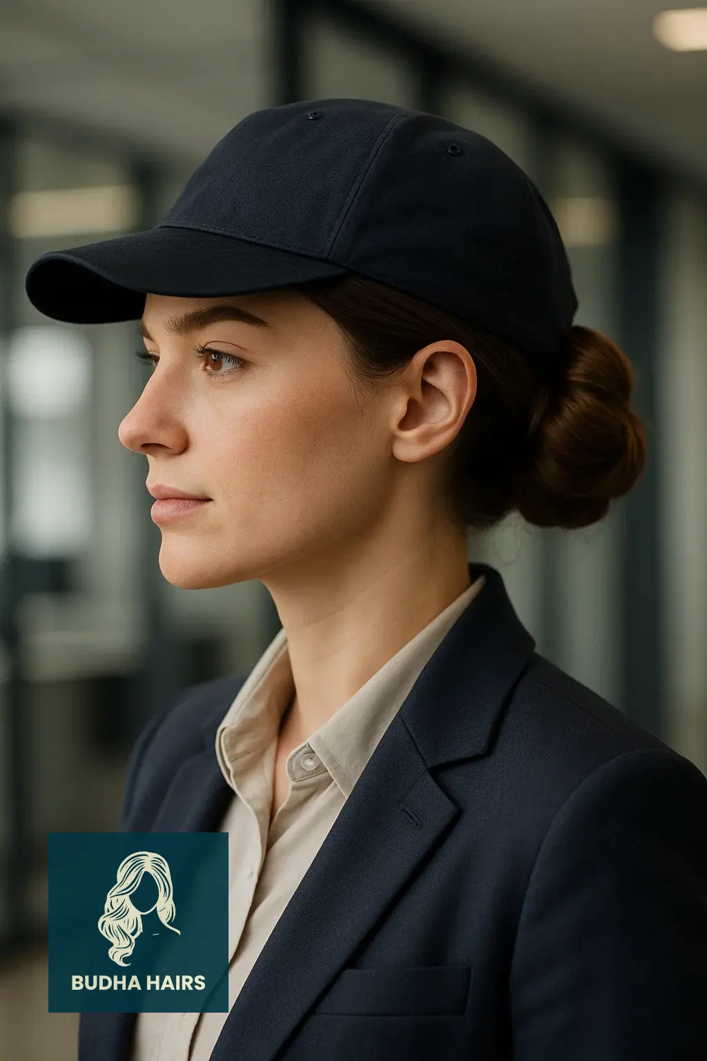 35 Best Hat Hairstyles for Work to Stay Polished & Professional 1 Sleek Low Bun Under a Structured Work Hat