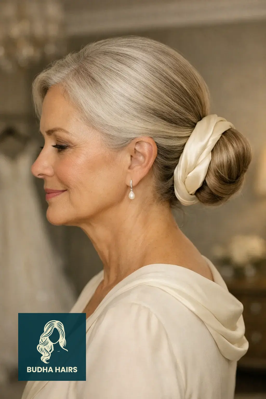 29 Stunning Wedding Hairstyles for Older Women: Elegant & Voluminous 15 Sleek Low Bun with a Silk Scarf