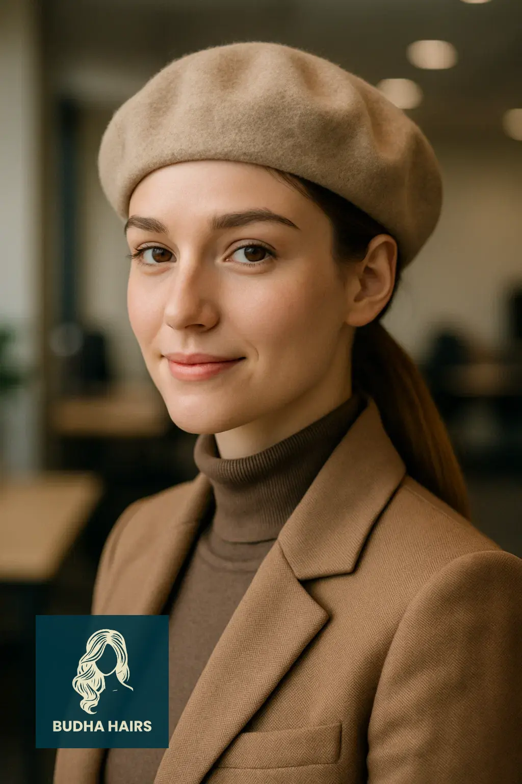 35 Best Hat Hairstyles for Work to Stay Polished & Professional 3 Smooth Low Ponytail with a Wool Beret