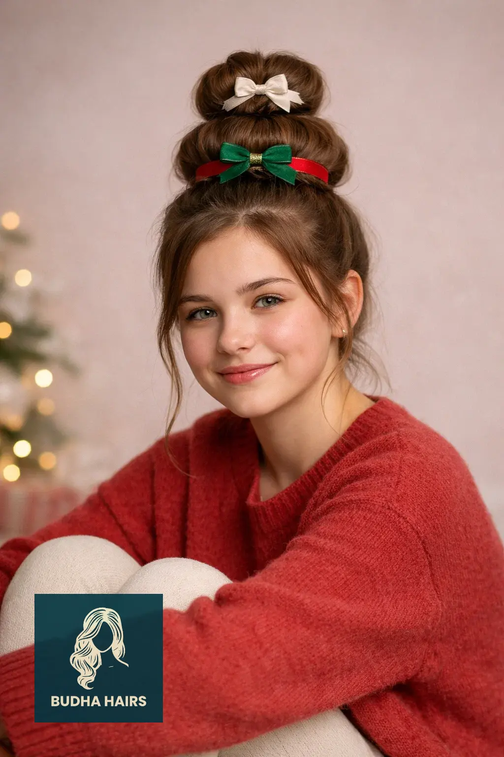 30 Adorable Christmas Hairstyles for Kids: Easy & Festive Ideas 23 Stacked Gift Box Buns