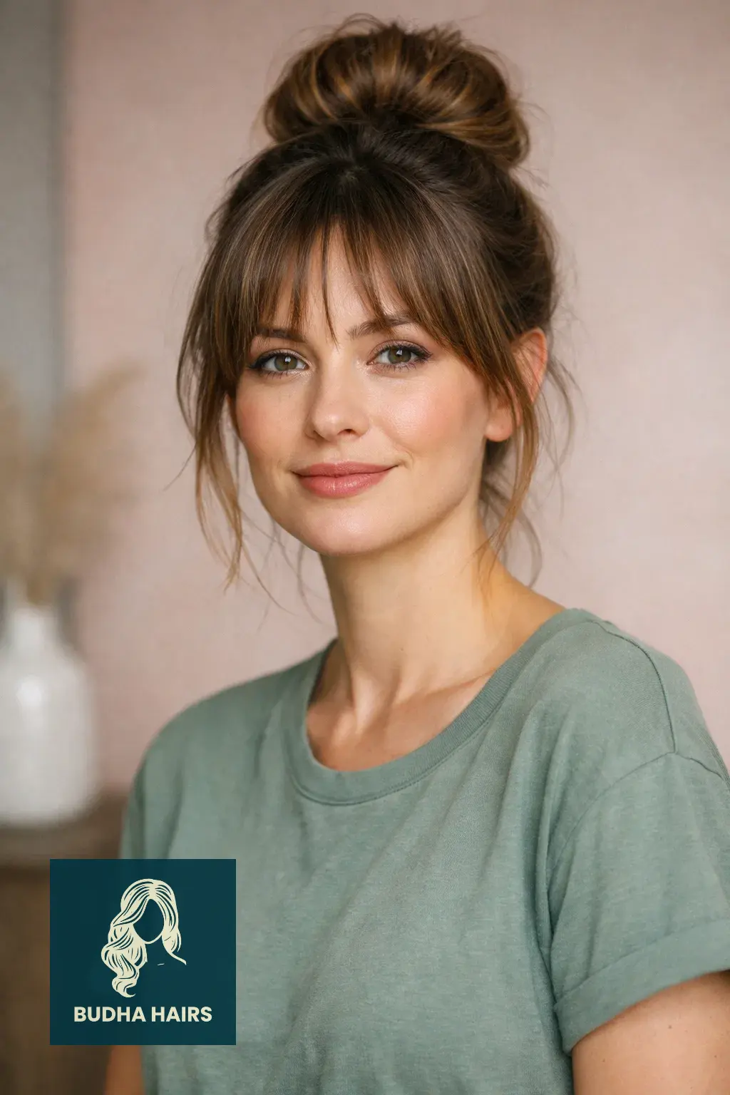 25 Best Updo Hairstyles for Thin Hair: Voluminous & Elegant 13 Textured High Bun with Curtain Bangs