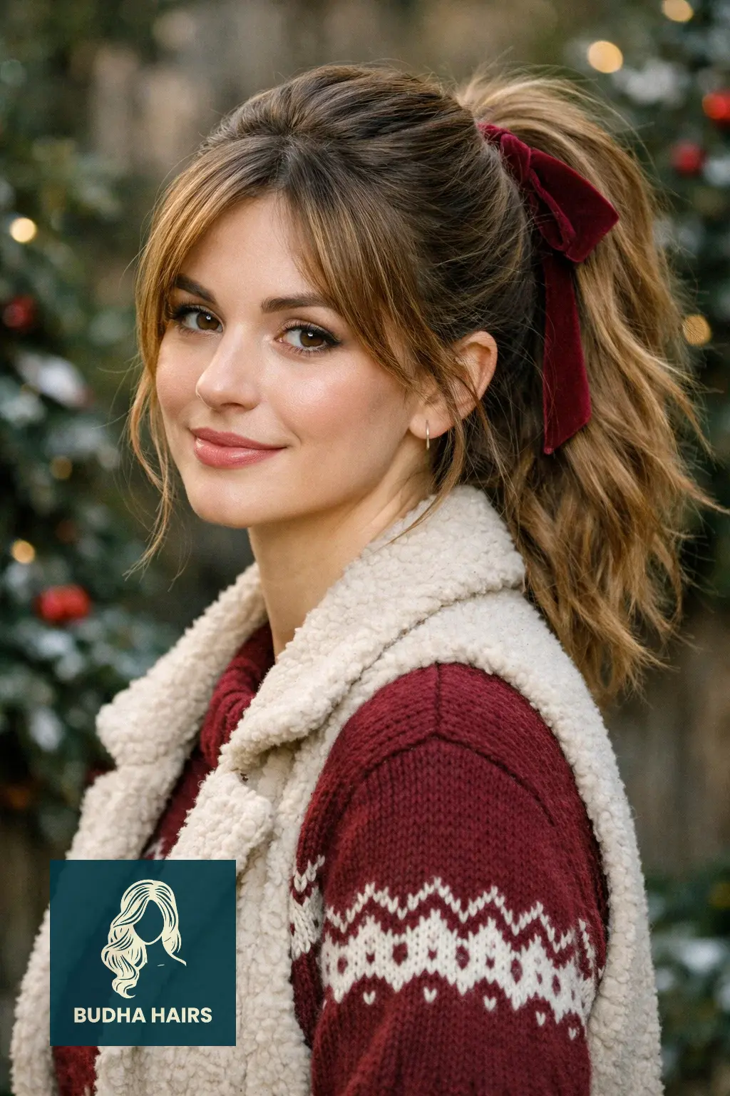 30 Best Christmas Party Hairstyles for a Festive & Glamorous Look 21 Textured Ponytail with Velvet Ribbon