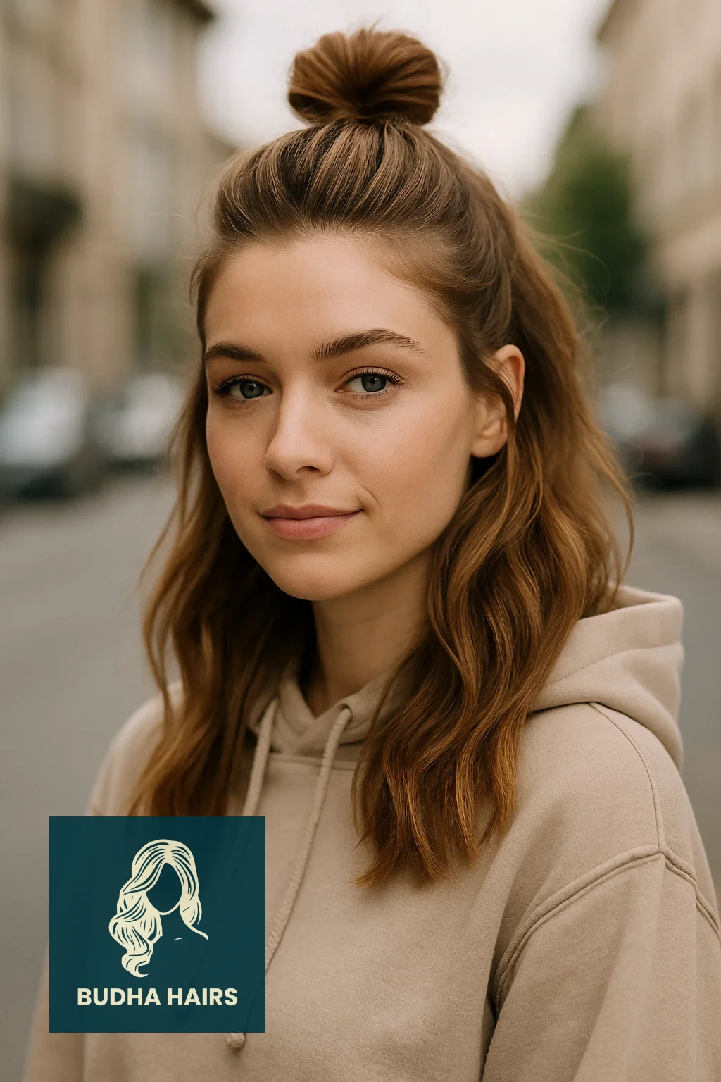 30 Best Hoodie Hairstyles & Easy Hair Hacks for Comfort 11 The Half-Up High Knot (Volume Control)