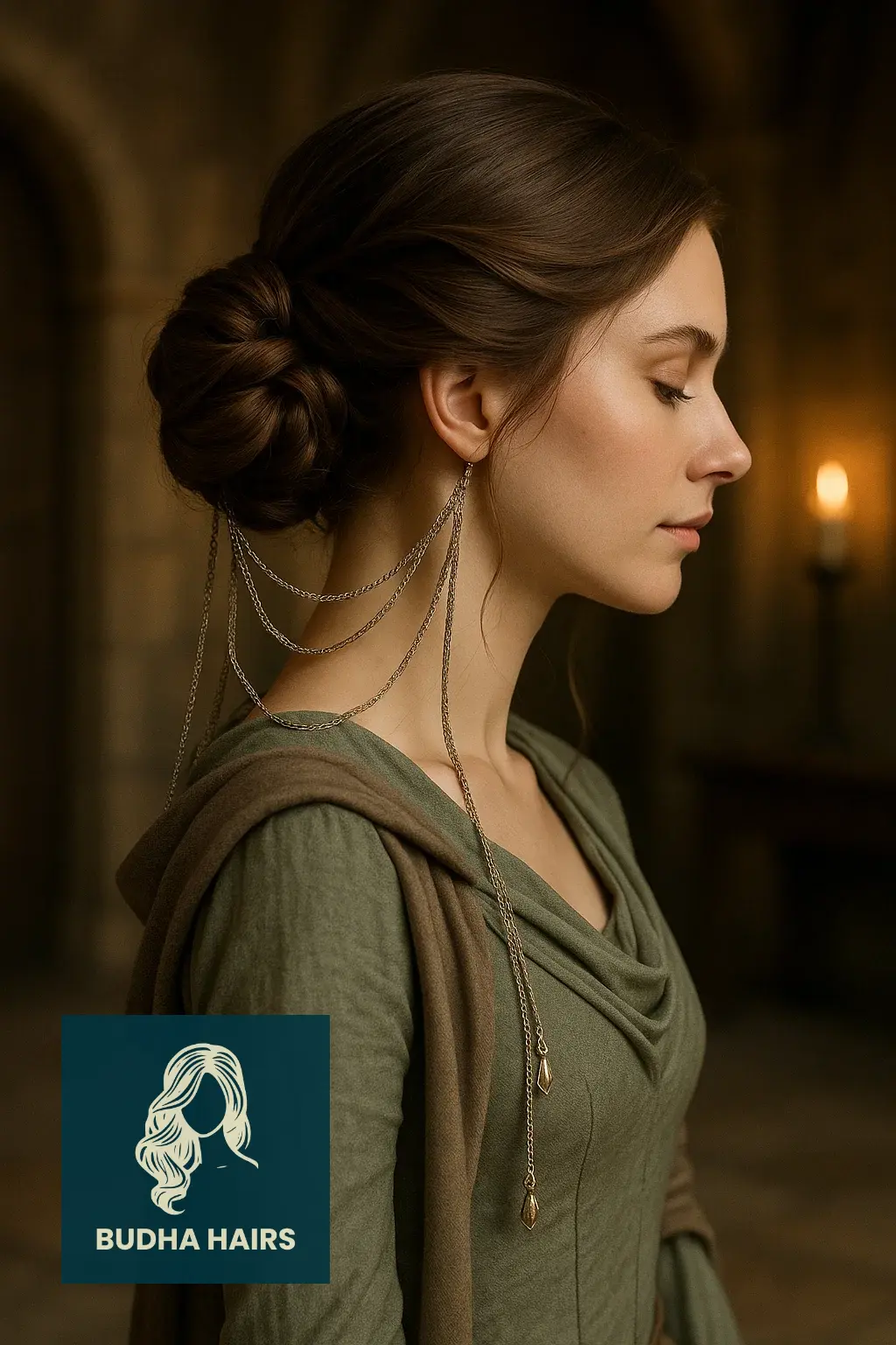 30 Ethereal Elf Hairstyles for a Fantasy Look 19 The Knotted Low Chignon with Draped Accessories