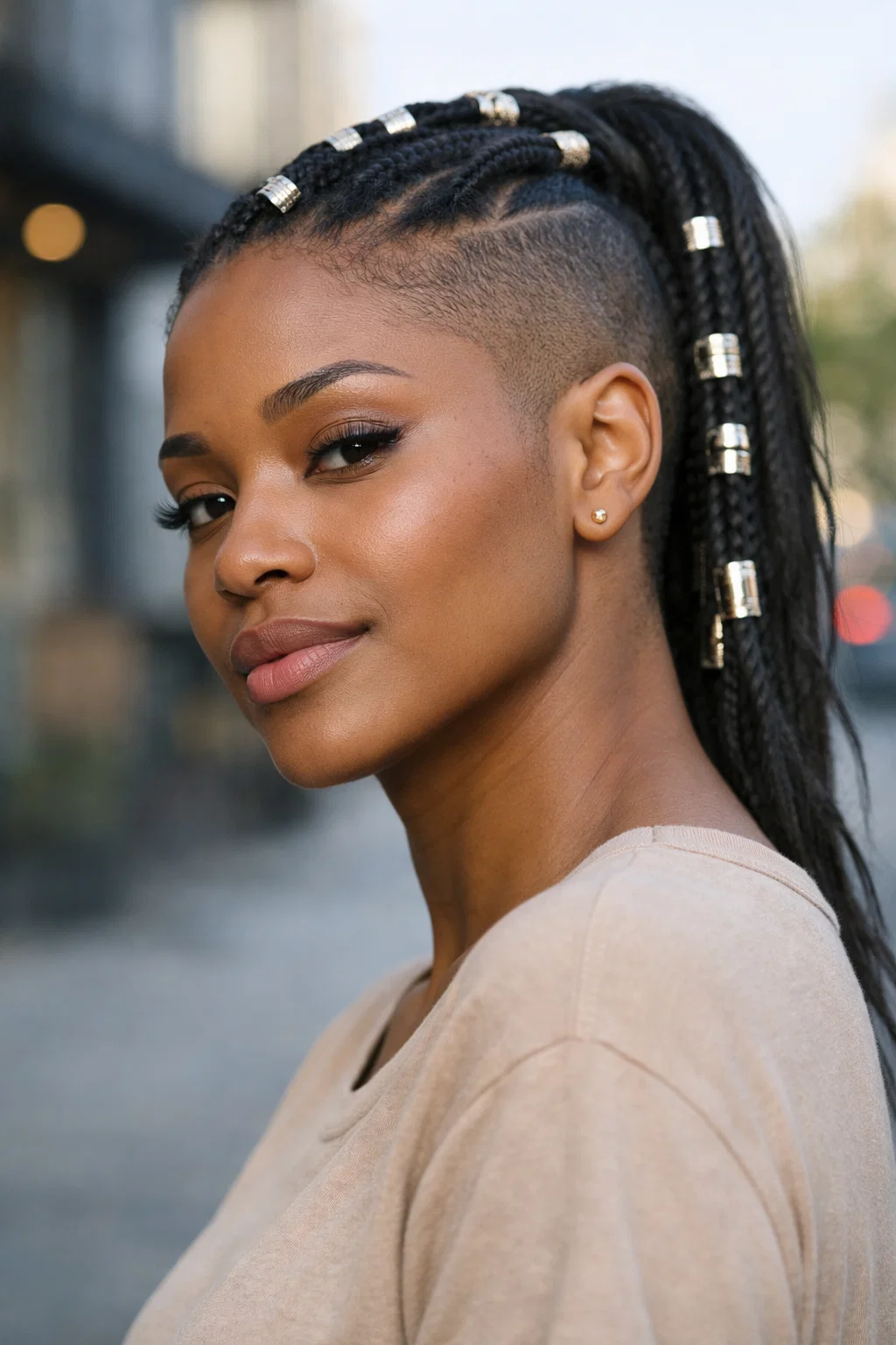 40 Bold Shaved Sides with Ponytail for Black Women Styles 38 The Ponytail with Shaved Side and Metallic Cuff