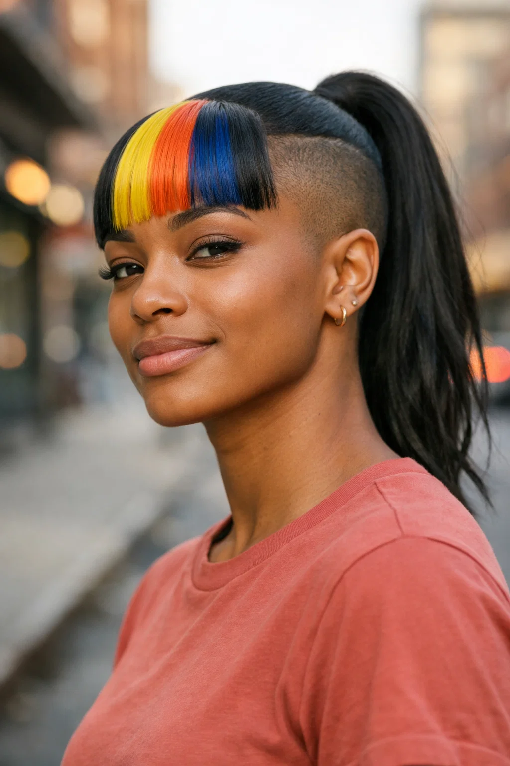 40 Bold Shaved Sides with Ponytail for Black Women Styles 36 The Shaved Sides Ponytail with Color-Blocked Bangs