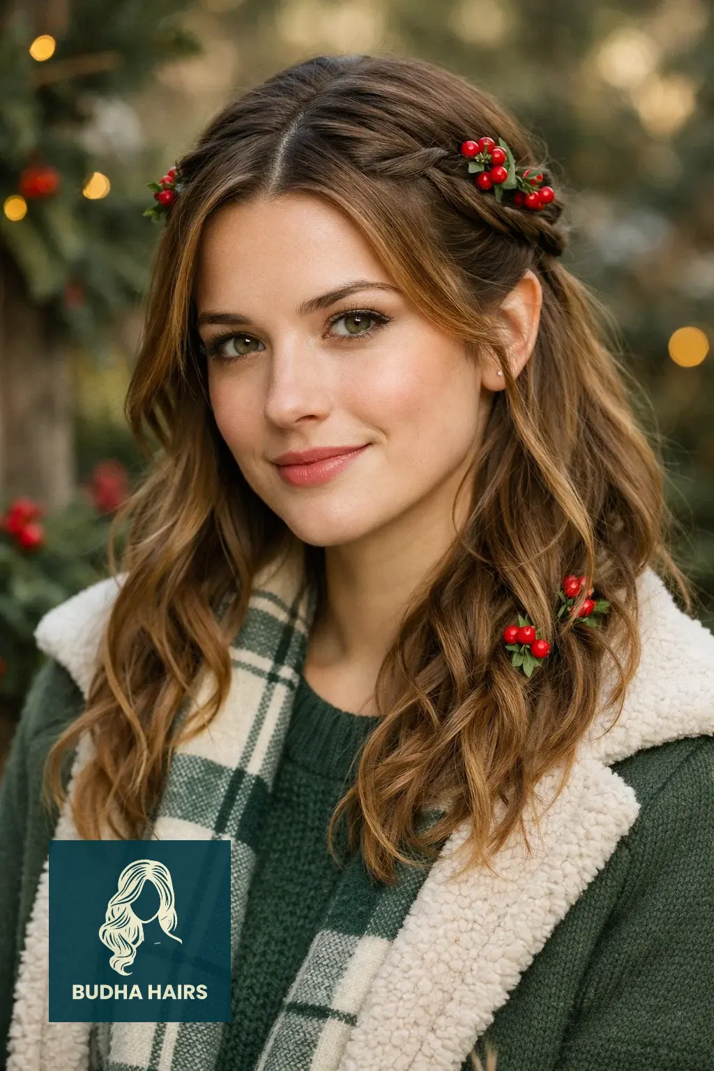 30 Best Christmas Party Hairstyles for a Festive & Glamorous Look 26 Twisted Half-Up with Holly Berry Accent